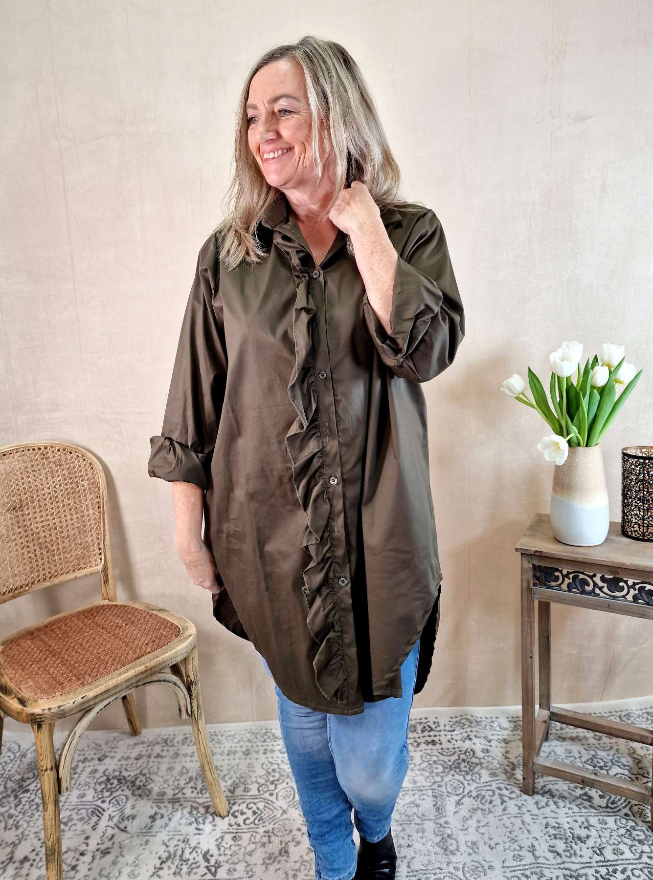 BASIC BLUSEJAMIE LONG KHAKI 34-42 Made in Italy Oversize Shirt Hemd LANG Blusenkleid BASIC BLUSEJAMIE LONG KHAKI 34-42 Made in Italy Oversize Shirt Hemd LANG Blusenkleid