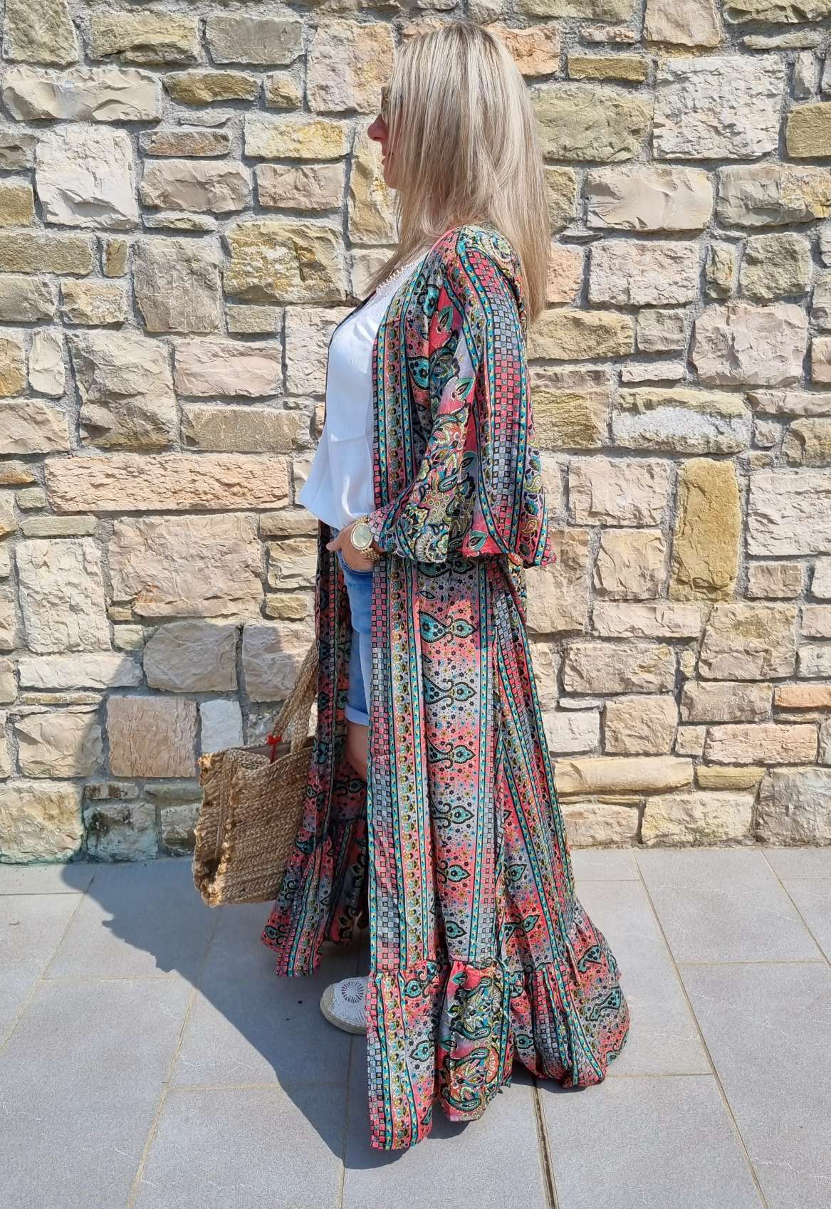 MAXI SILK KIMONO MALEDIVE MIT VOLANT PETROL Seide Jacke Mantel Beach Sommer 34-40 Kaftan MAXI SILK KIMONO MALEDIVE MIT VOLANT PETROL Seide Jacke Mantel Beach Sommer 34-40 Kaftan