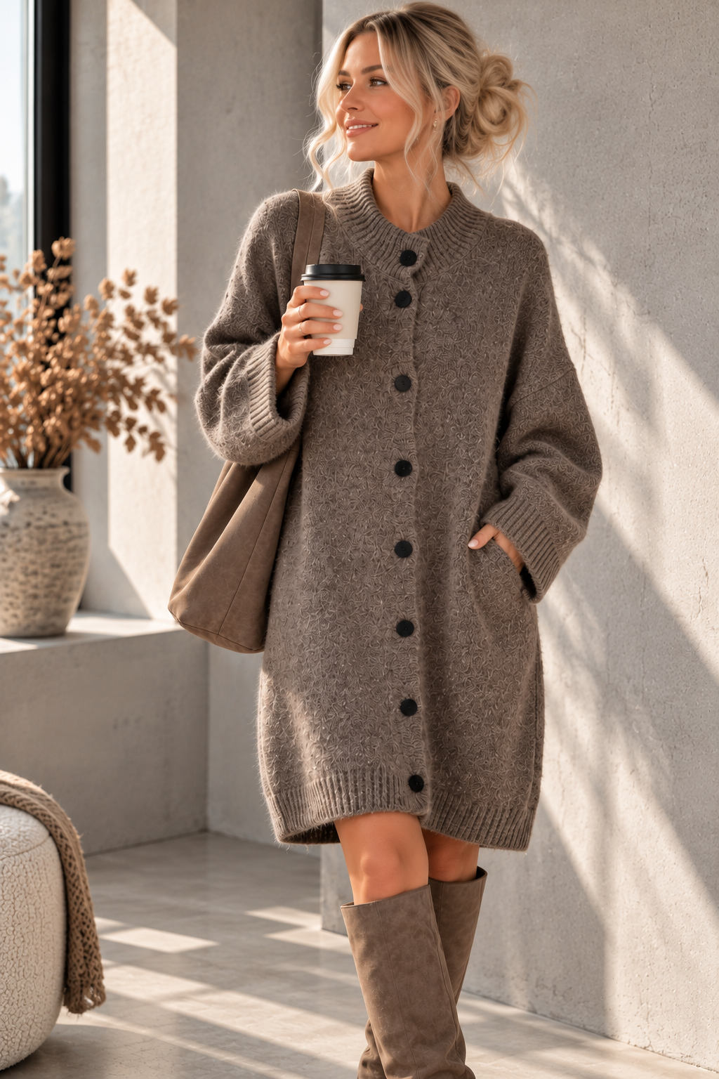 Strickkleid mit Knopfleiste & Taschen UNI SK0192 I Made in Italy 34-42