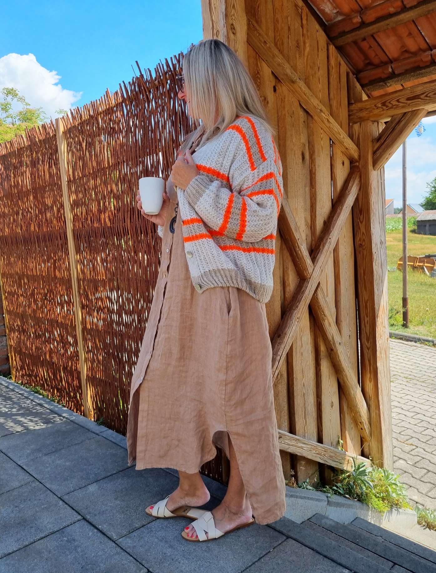 SHORT KNIT CARDIGAN MYKONOS STRIPES BUTTONS BEIGE TAUPE ORANGE kurze Strick Jacke Made in Italy Streifen Knöpfe 34-42 SHORT KNIT CARDIGAN MYKONOS STRIPES BUTTONS BEIGE TAUPE ORANGE kurze Strick Jacke Made in Italy Streifen Knöpfe 34-42