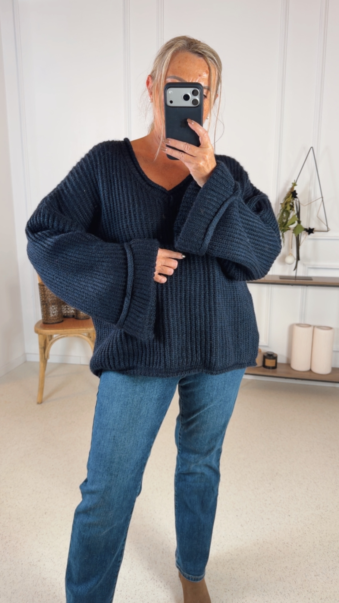 KURZER STRICK PULLOVER IRIS mit Trompetenärmeln 34-44 Made in Italy V-Ausschnitt / Grobstrick