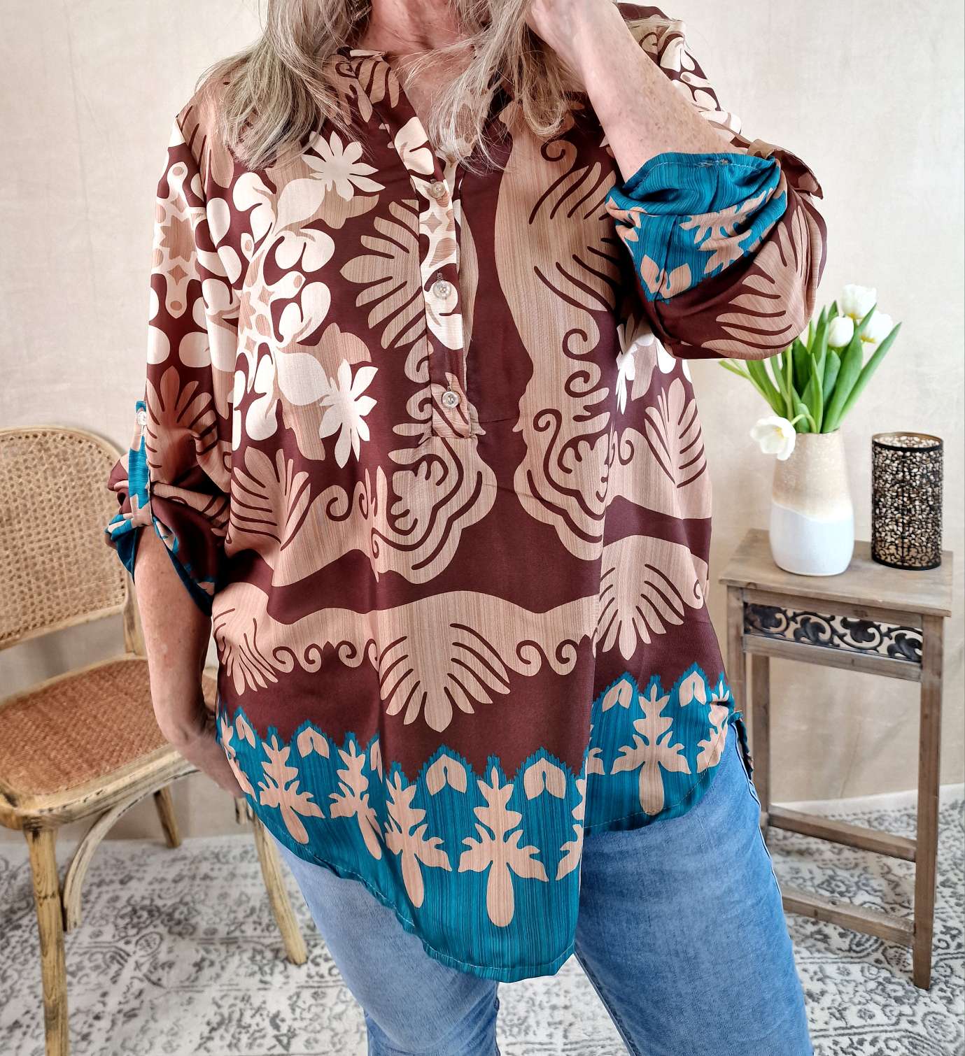 BLUSE MARESA BRAUN PETROL 34-42 Made in Italy Oversize Shirt Hemd Silk Optik BLUSE MARESA BRAUN PETROL 34-42 Made in Italy Oversize Shirt Hemd Silk Optik
