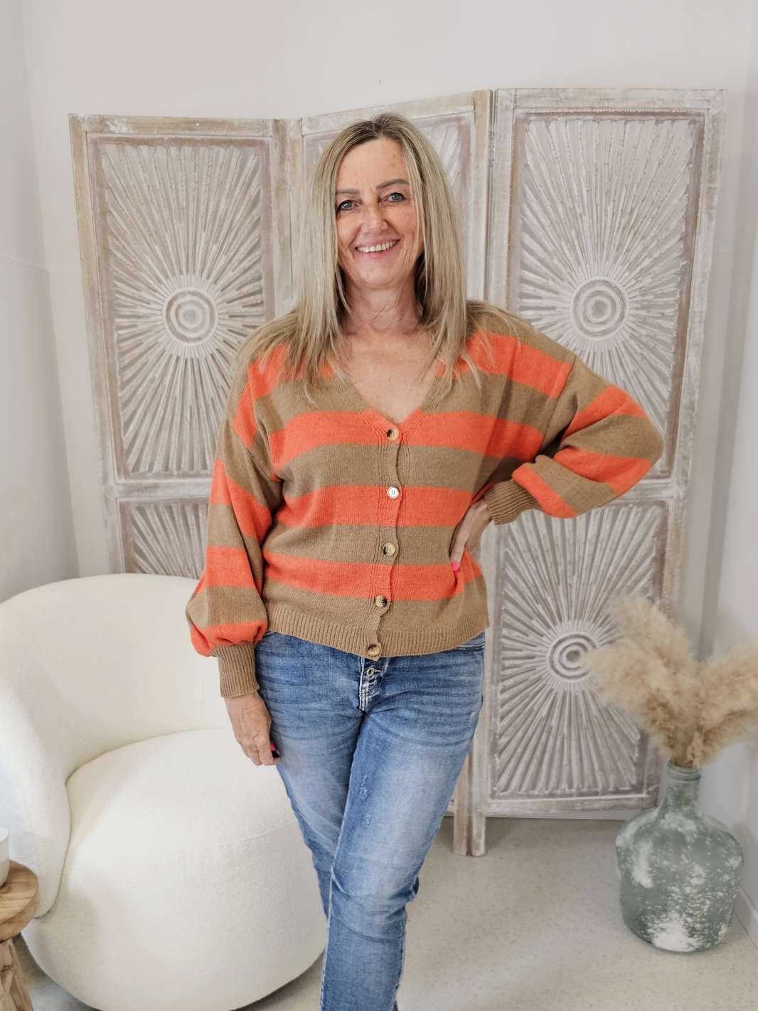 LIGHT KNIT CARDIGAN VERENA STRIPES CAMEL ORANGE 34-40  Made in Italy Strickjacke Cashmere