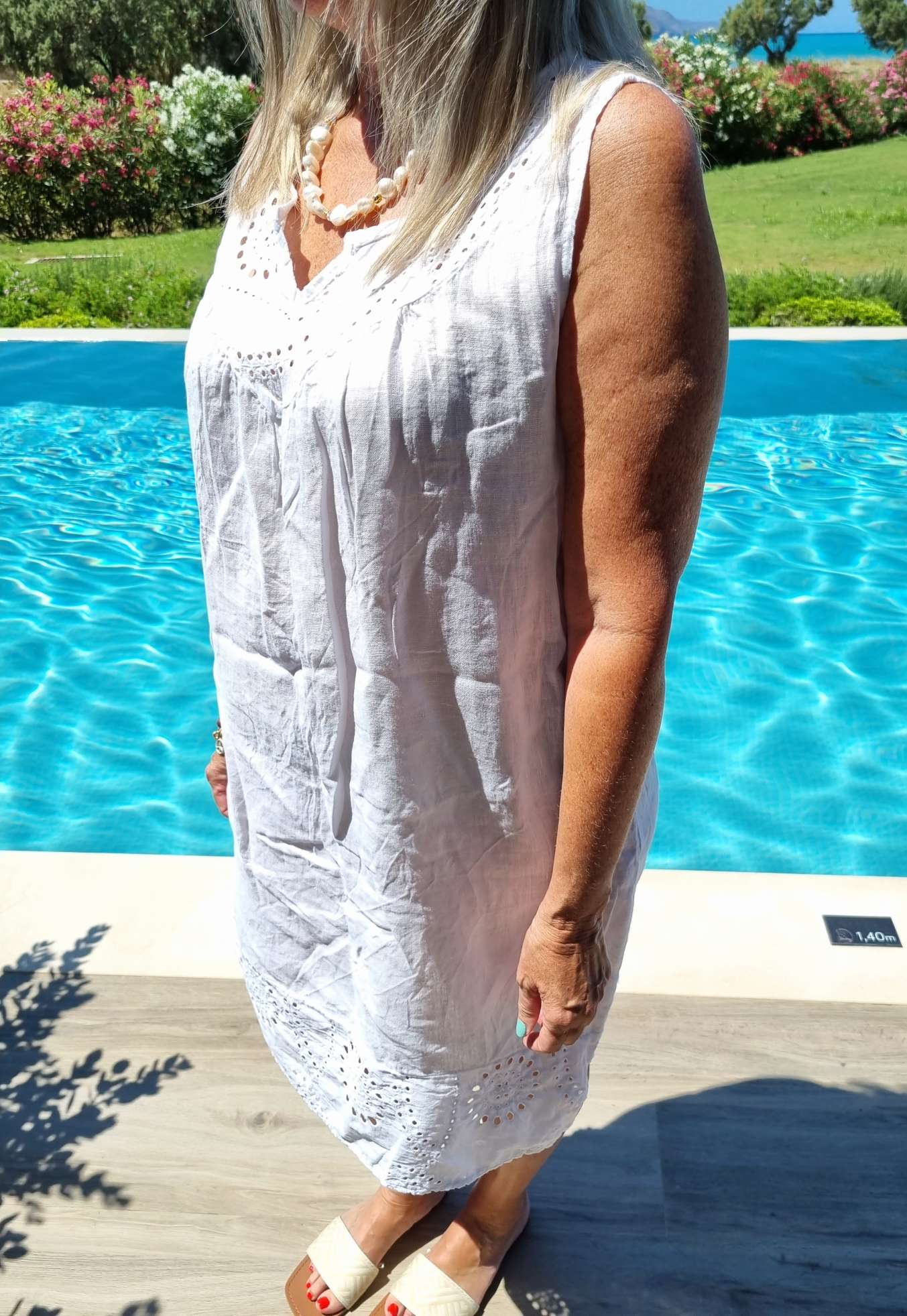 LINEN DRESS BELLA DONNA Leinen Etui Kleid Sommerkleid weiß Lochstickerei Made in Italy 34-42 LINEN DRESS BELLA DONNA Leinen Etui Kleid Sommerkleid weiß Lochstickerei Made in Italy 34-42