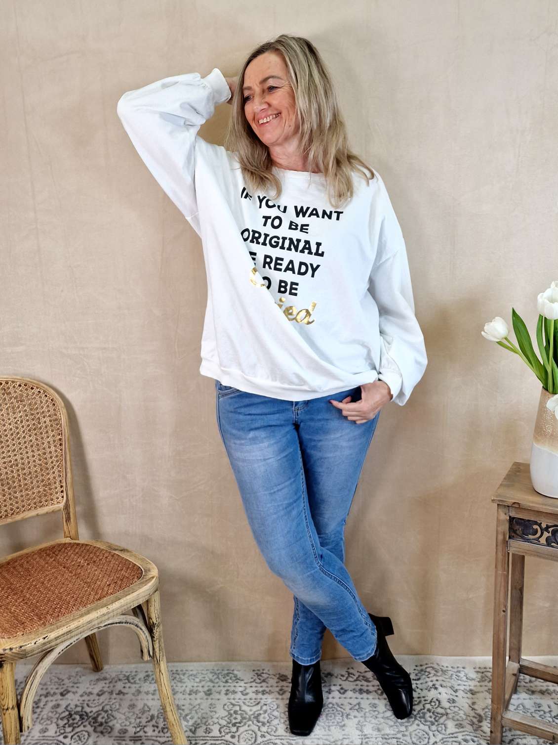 SWEATER COPIED WEISS Longsleeve Langarm Statement Shirt Made in Italy 34-42 verschiedene Farben SWEATER COPIED WEISS Longsleeve Langarm Statement Shirt Made in Italy 34-42 verschiedene Farben