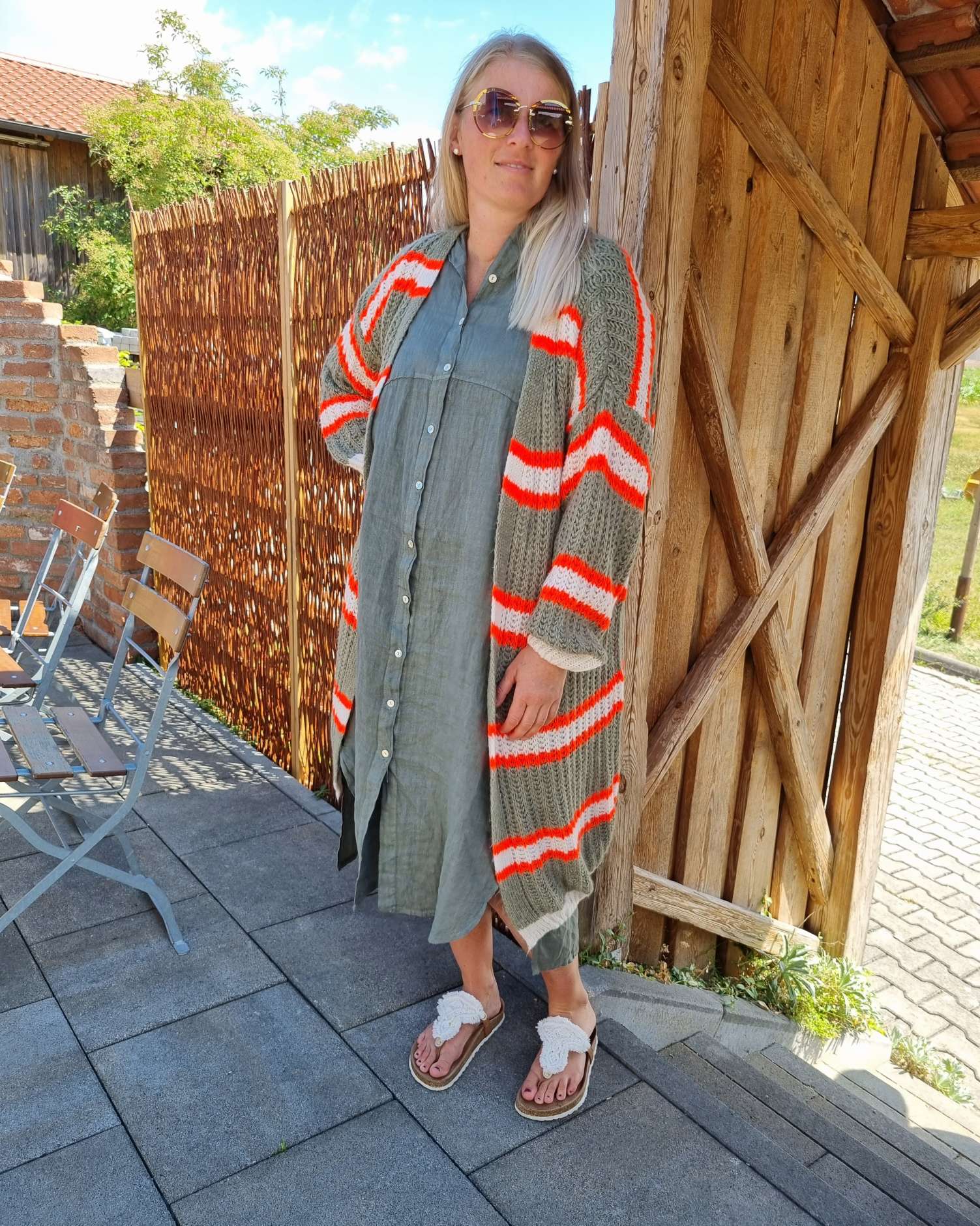 LONG KNIT CARDIGAN MYKONOS STRIPES KHAKI ORANGE CREME langer Strick Mantel Jacke Made in Italy Streifen 34-42 LONG KNIT CARDIGAN MYKONOS STRIPES KHAKI ORANGE CREME langer Strick Mantel Jacke Made in Italy Streifen 34-42