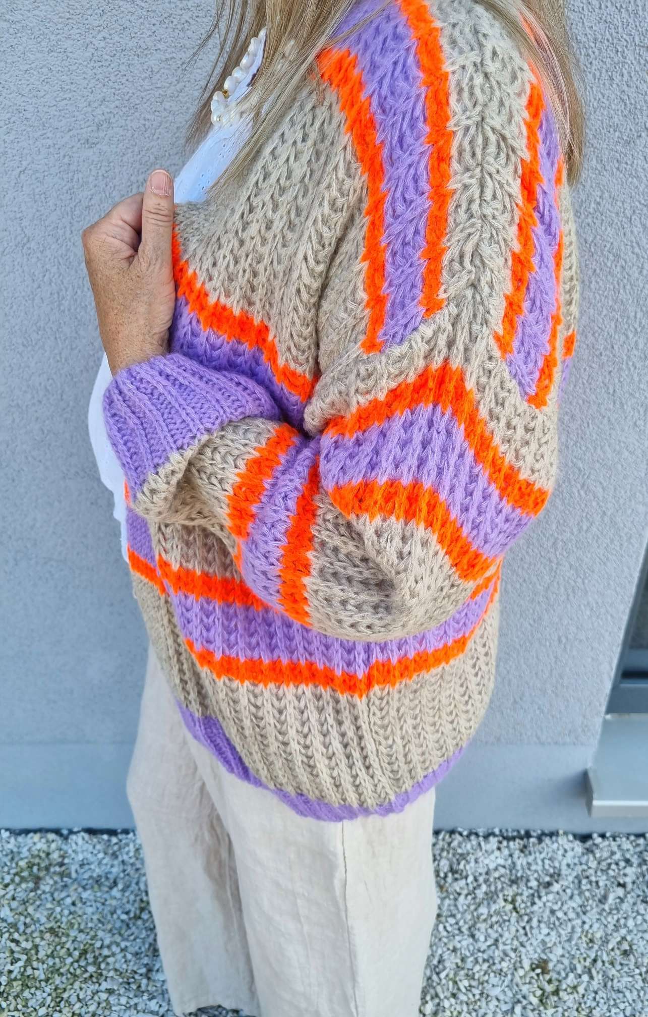 SHORT KNIT CARDIGAN MYKONOS STRIPES BEIGE FLIEDER ORANGE kurze Strick Jacke Made in Italy Streifen 34-42 SHORT KNIT CARDIGAN MYKONOS STRIPES BEIGE FLIEDER ORANGE kurze Strick Jacke Made in Italy Streifen 34-42