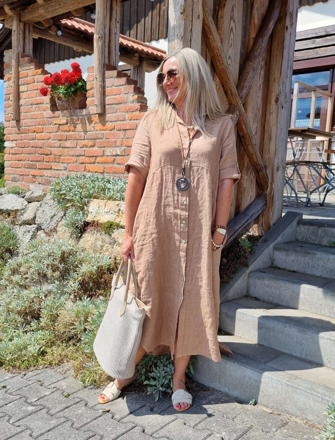 LINEN DESS WILMA CAMEL 34-42 Made in Italy Leinen Kleid Long Bluse Mantel LINEN DESS WILMA CAMEL 34-42 Made in Italy Leinen Kleid Long Bluse Mantel
