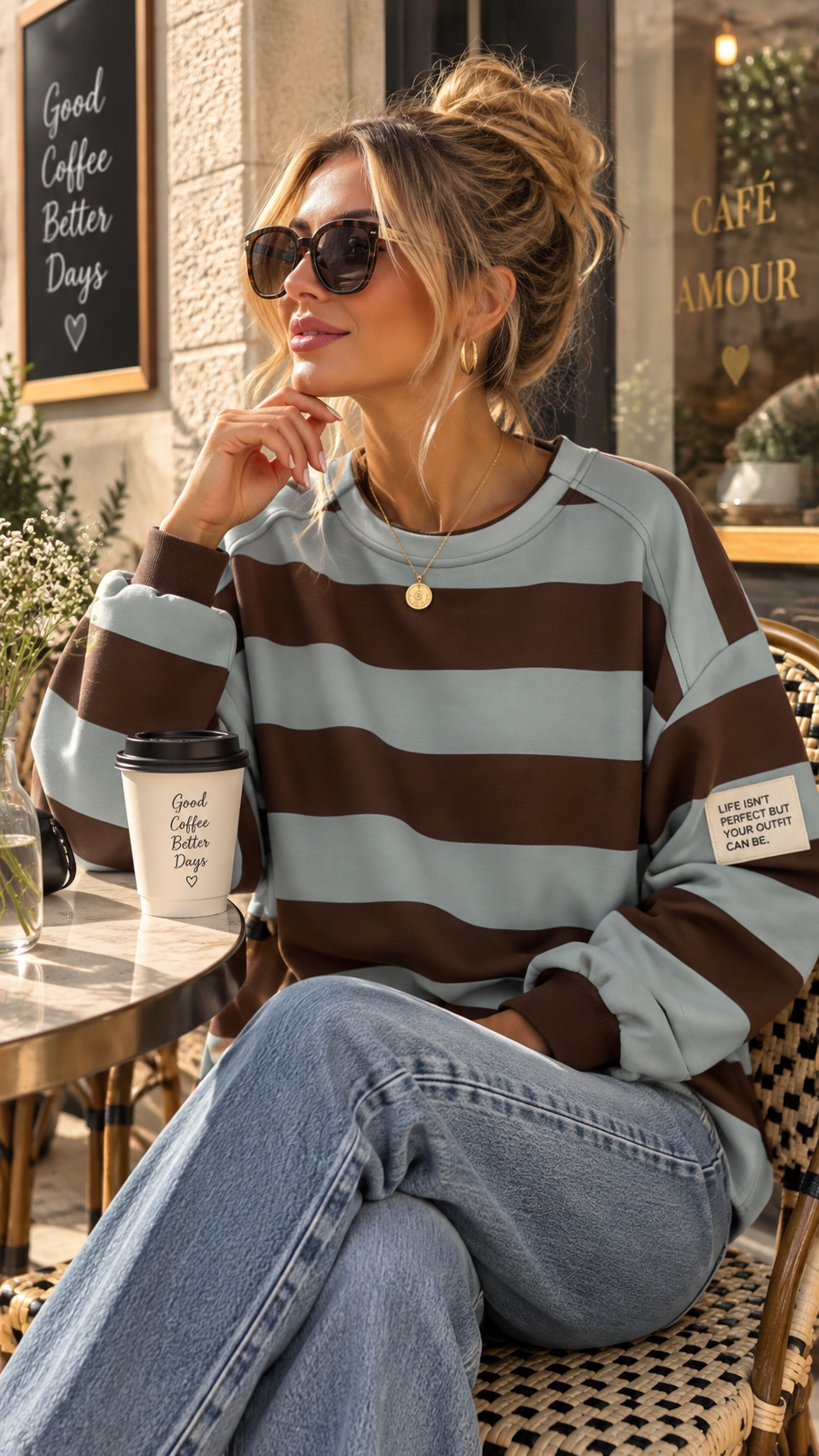 Sweater Butterstoff mit Blockstreifen & Patch I SW0070 I Made in Italy 34-42/44 Sweatshirt