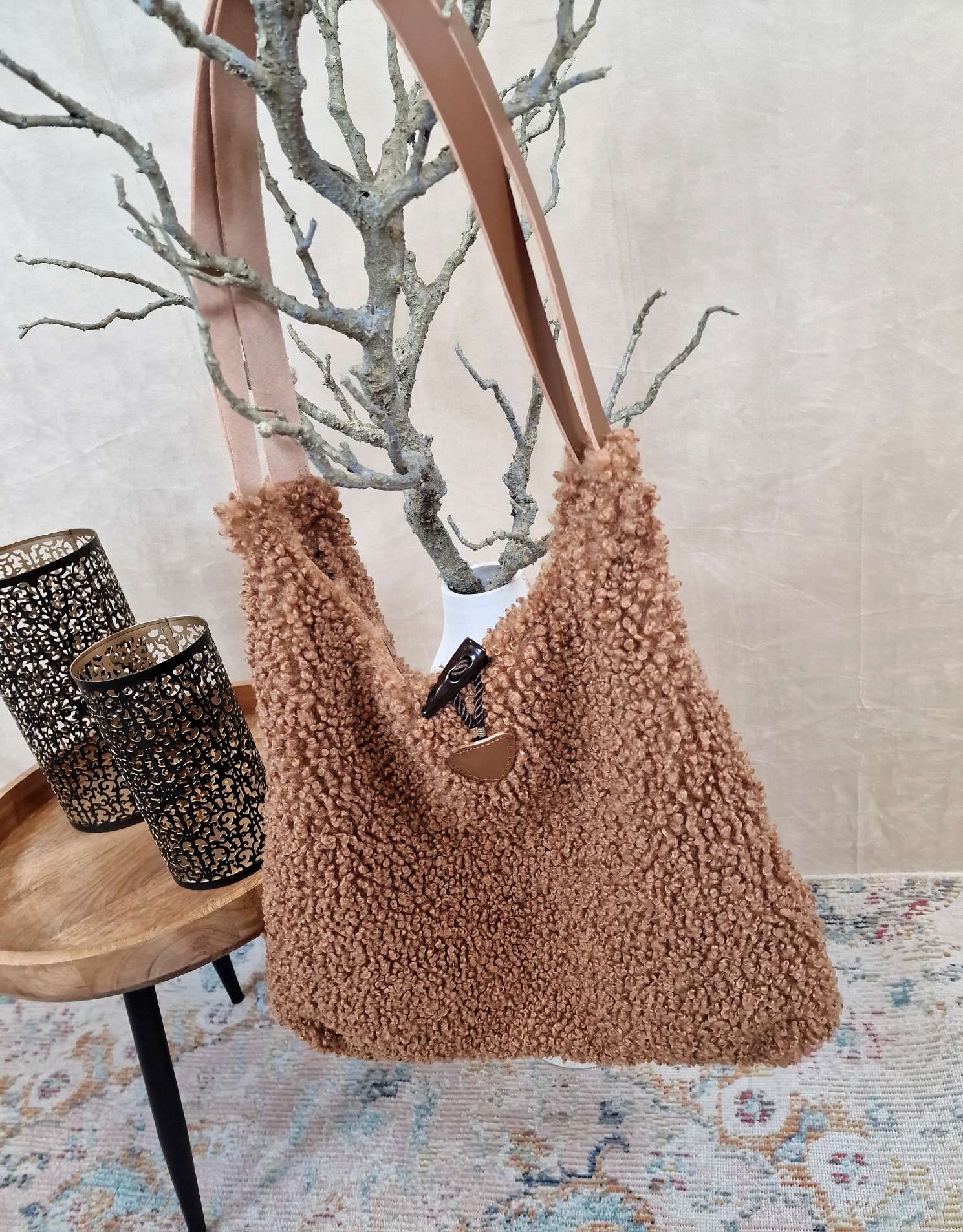 TEDDY FELL SHOPPER LIZZY CAMEL flauschige Shopping Bag mit Leder-Henkel Tasche Made in Italy TEDDY FELL SHOPPER LIZZY CAMEL flauschige Shopping Bag mit Leder-Henkel Tasche Made in Italy