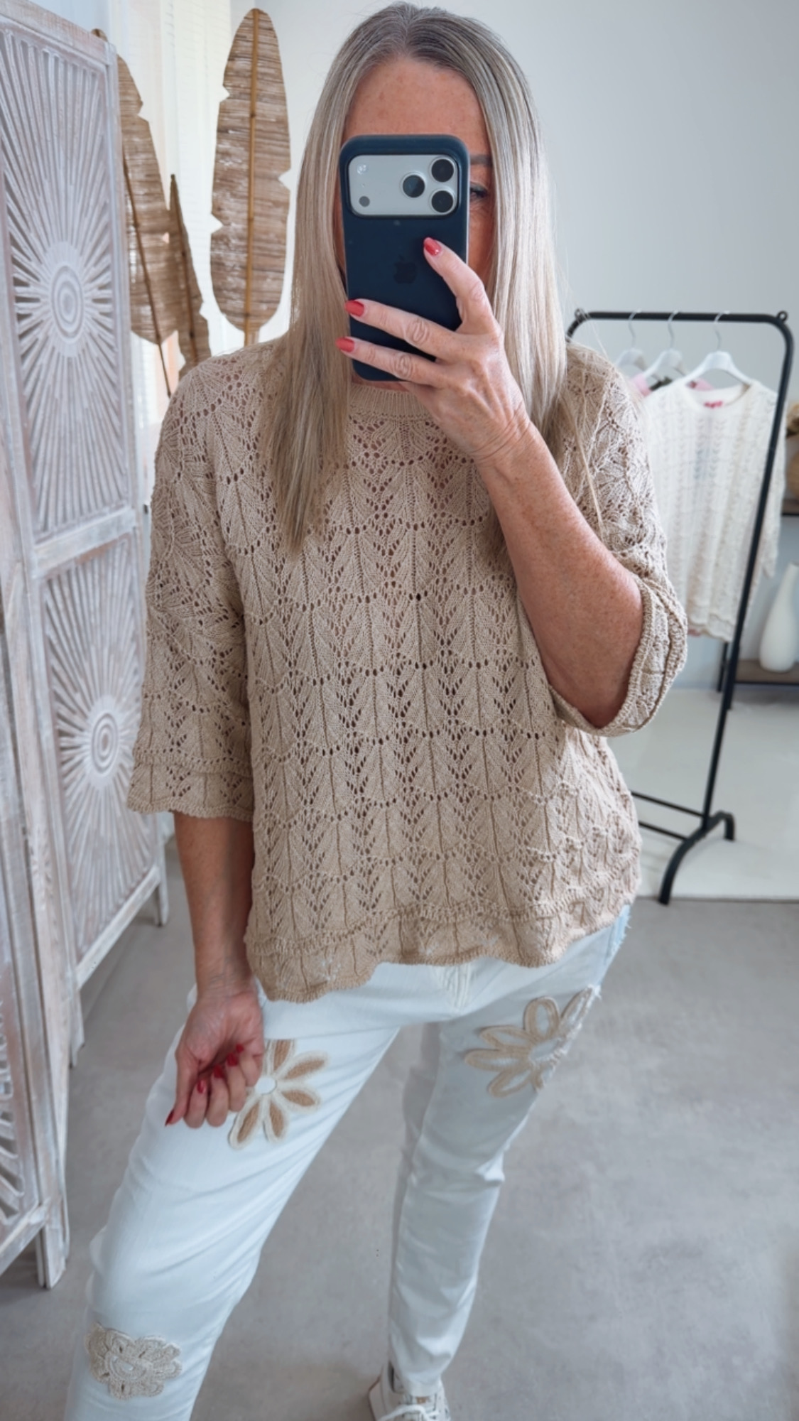 Strickshirt Lochmuster Fili Uni Made in Italy 34-42 Kurzarm Pullover