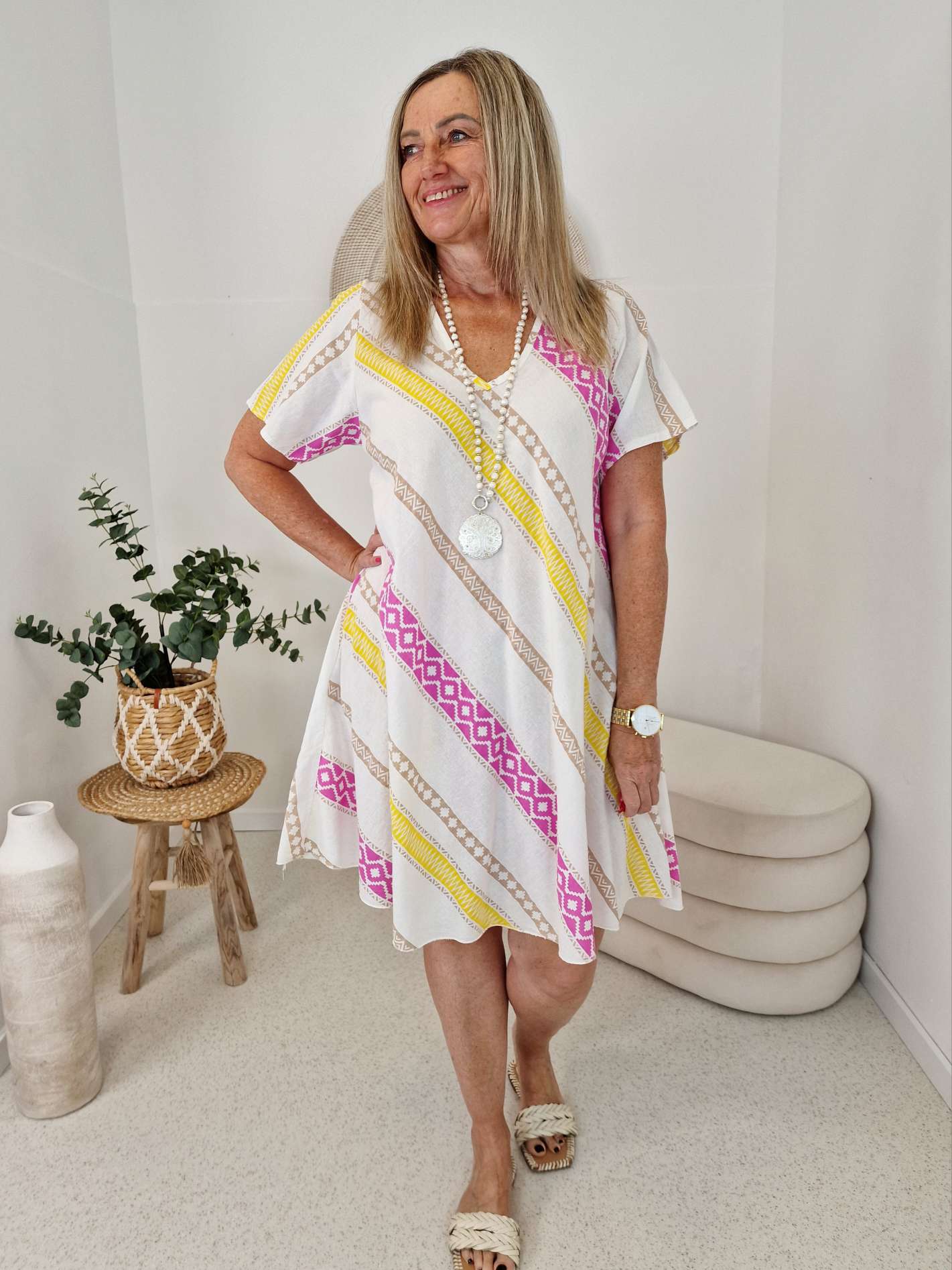 SOMMERKLEID PAROS PINK BEIGE Greek Style 36 - 42 SOMMERKLEID PAROS PINK BEIGE Greek Style 36 - 42