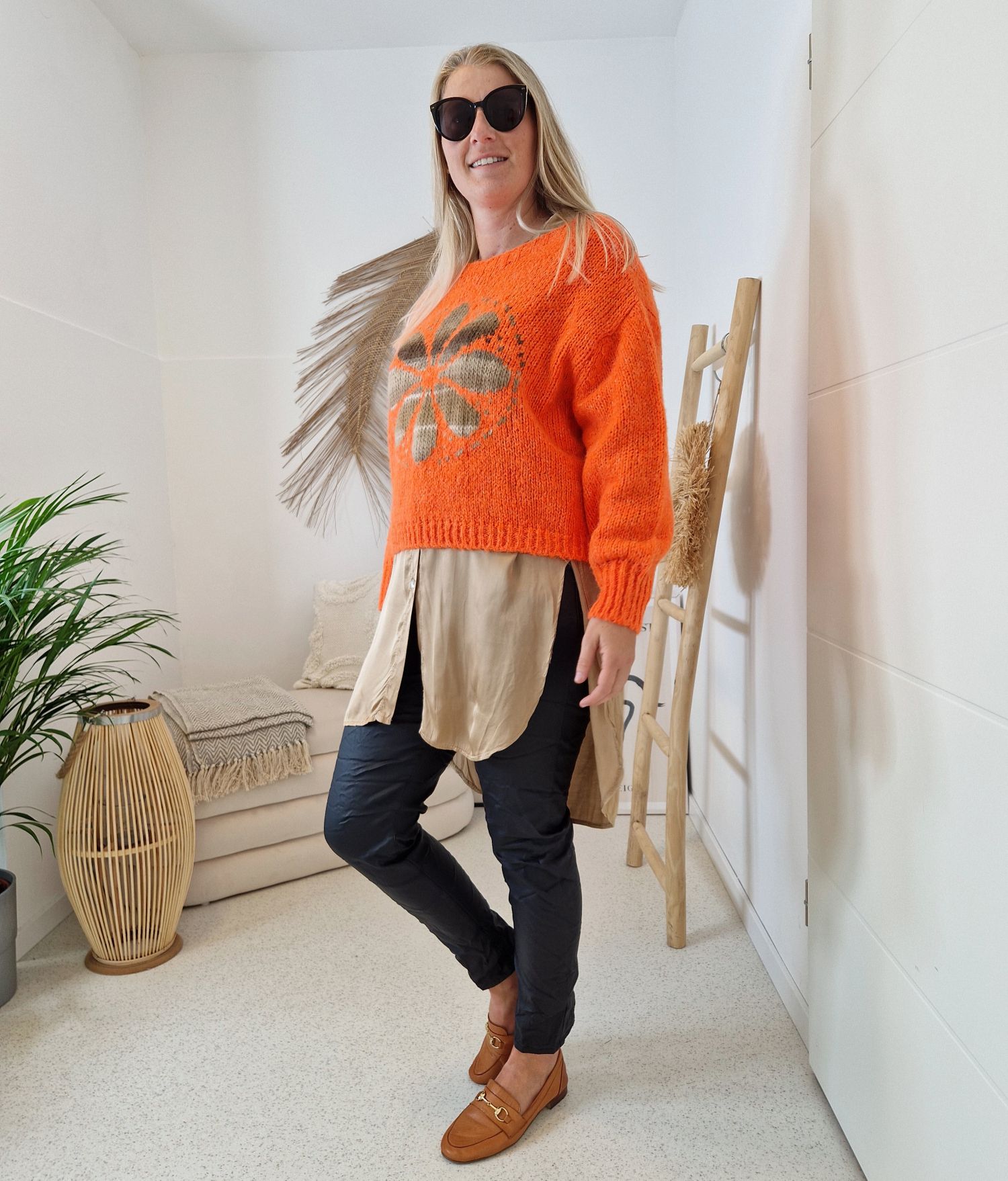 KNIT SWEATER GRETA FLOWER ORANGE Strickpullover Pullover 34-42 Made in Italy versch. Farben KNIT SWEATER GRETA FLOWER ORANGE Strickpullover Pullover 34-42 Made in Italy versch. Farben