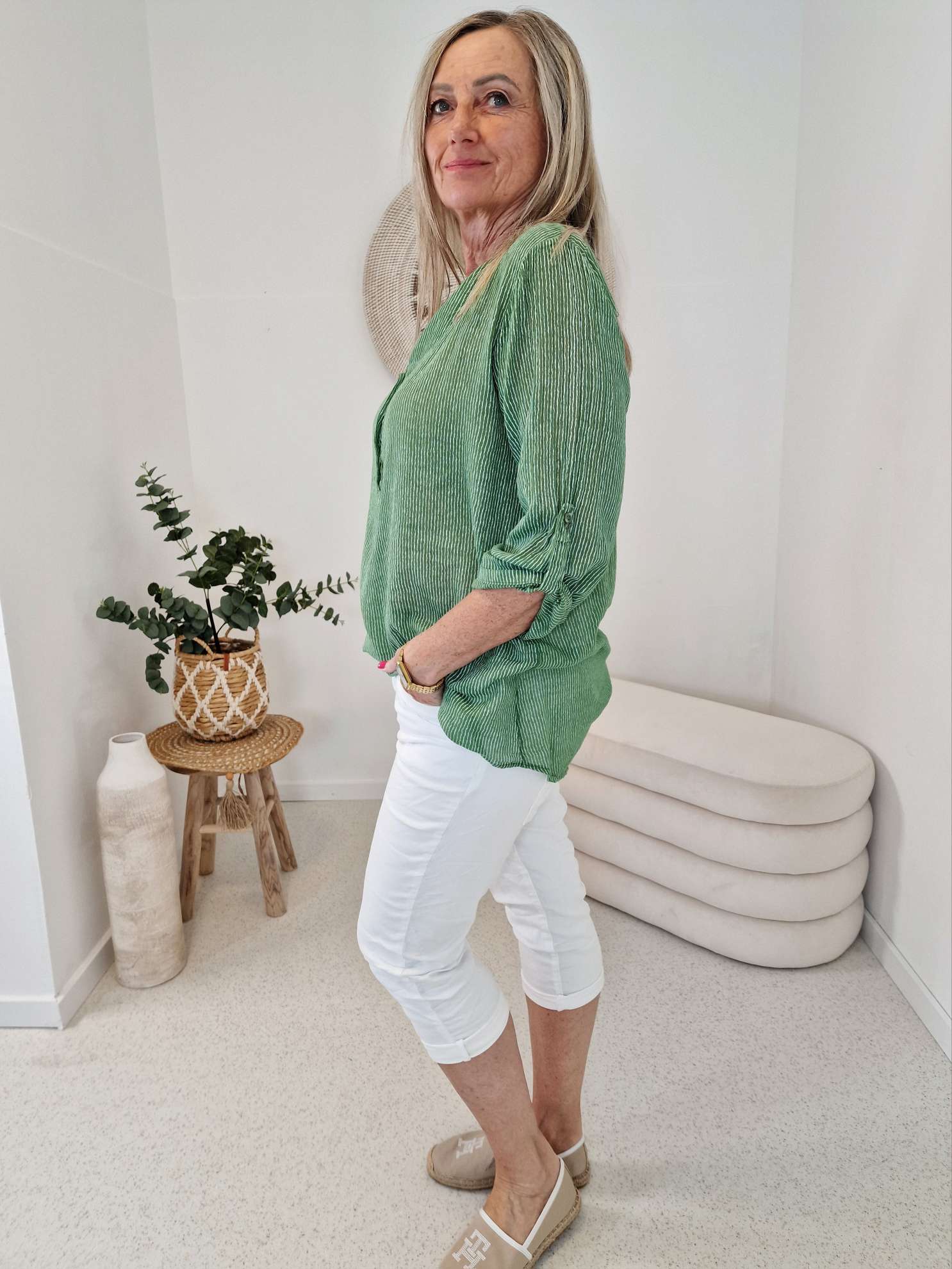 ZARTE STREIFEN BLUSE BELINDE GRÜN 34-42 langarm Bluse Shirt ZARTE STREIFEN BLUSE BELINDE GRÜN 34-42 langarm Bluse Shirt