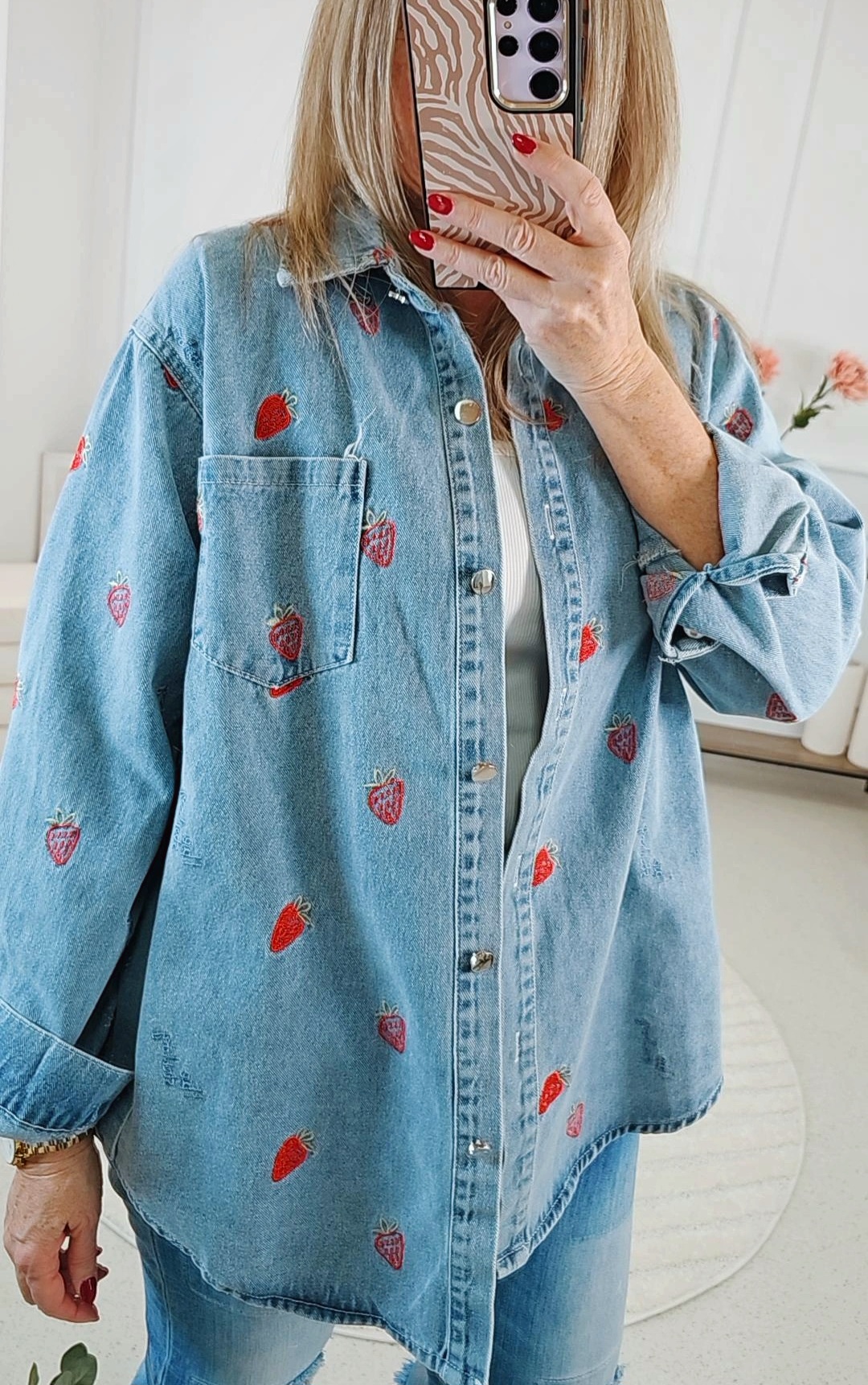 JEANS BLUSE ALIA ERDBEEREN Made in Italy 34-40/42 Jeanshemd