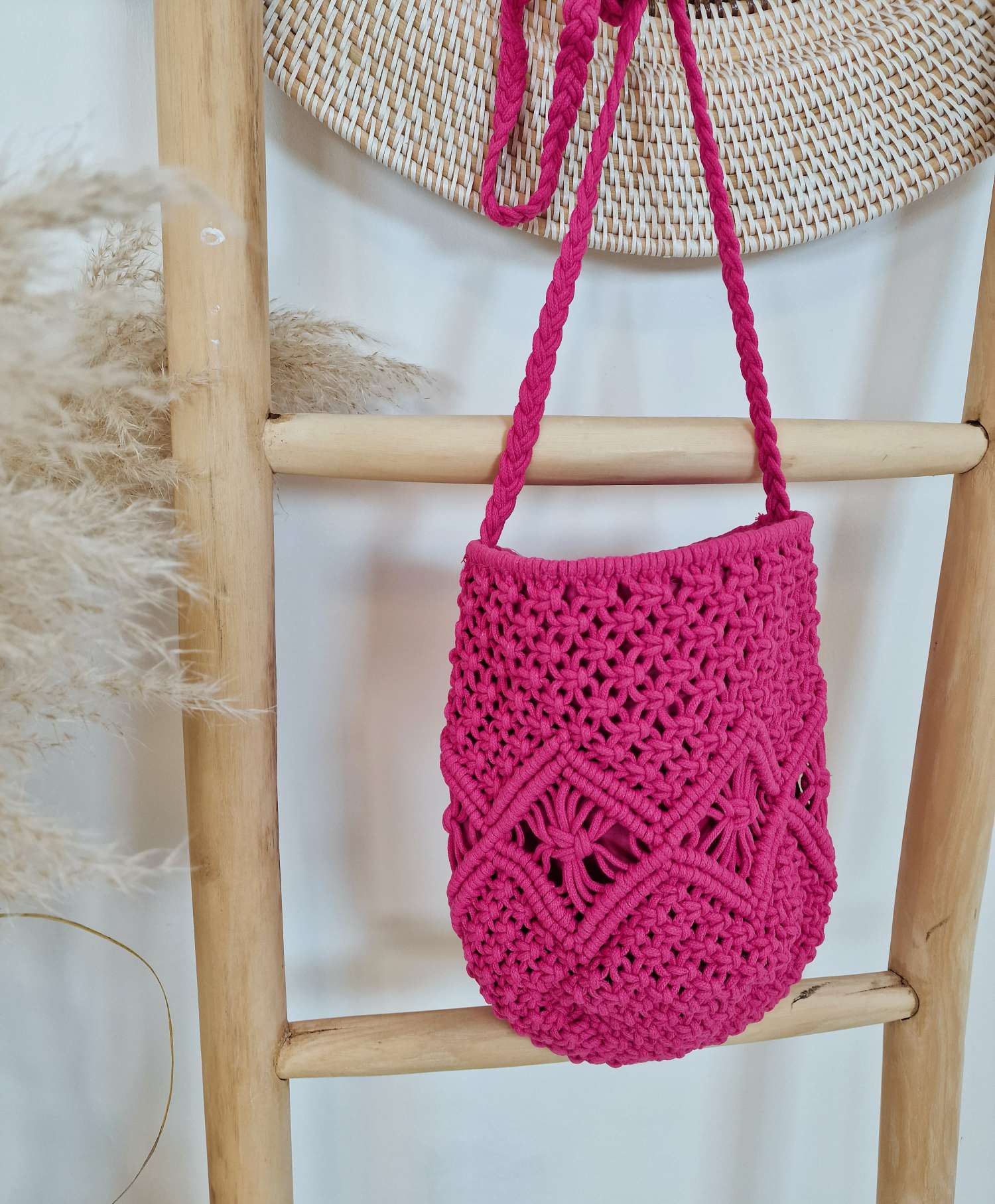 BOHO BAG MAKRAMEE PINK Italy Design Bohemian Tasche Beach Bag Basttasche Strand