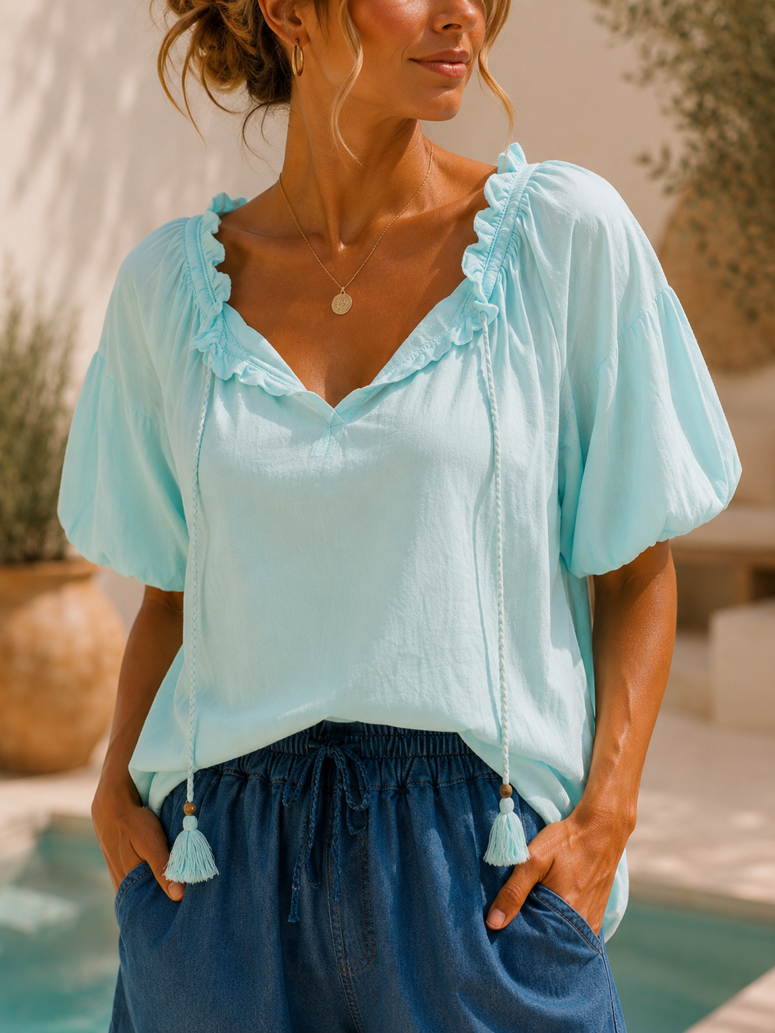 Bluse Mavie Rüschen und Bommel Made in Itlay 34-42/44 Sommerschnapper – vom Umtausch ausgeschlossen