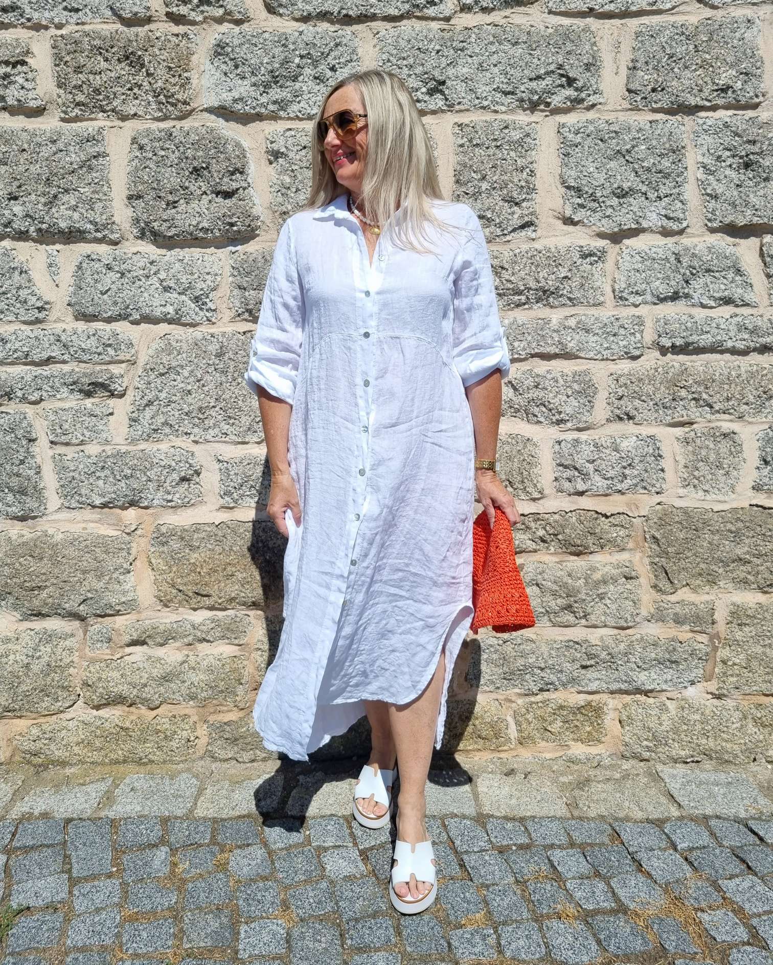 LINEN DESS WANDA 2 WEISS 34-40 Made in Italy Leinen Kleid Long Bluse Mantel LINEN DESS WANDA 2 WEISS 34-40 Made in Italy Leinen Kleid Long Bluse Mantel