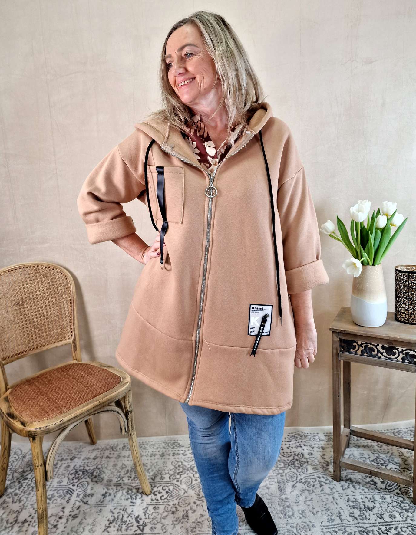 HOODIE SWEATER JACKE CARLO CAMEL 34-42 Made in Italy Oversize lange Sweatshirtjacke HOODIE SWEATER JACKE CARLO CAMEL 34-42 Made in Italy Oversize lange Sweatshirtjacke