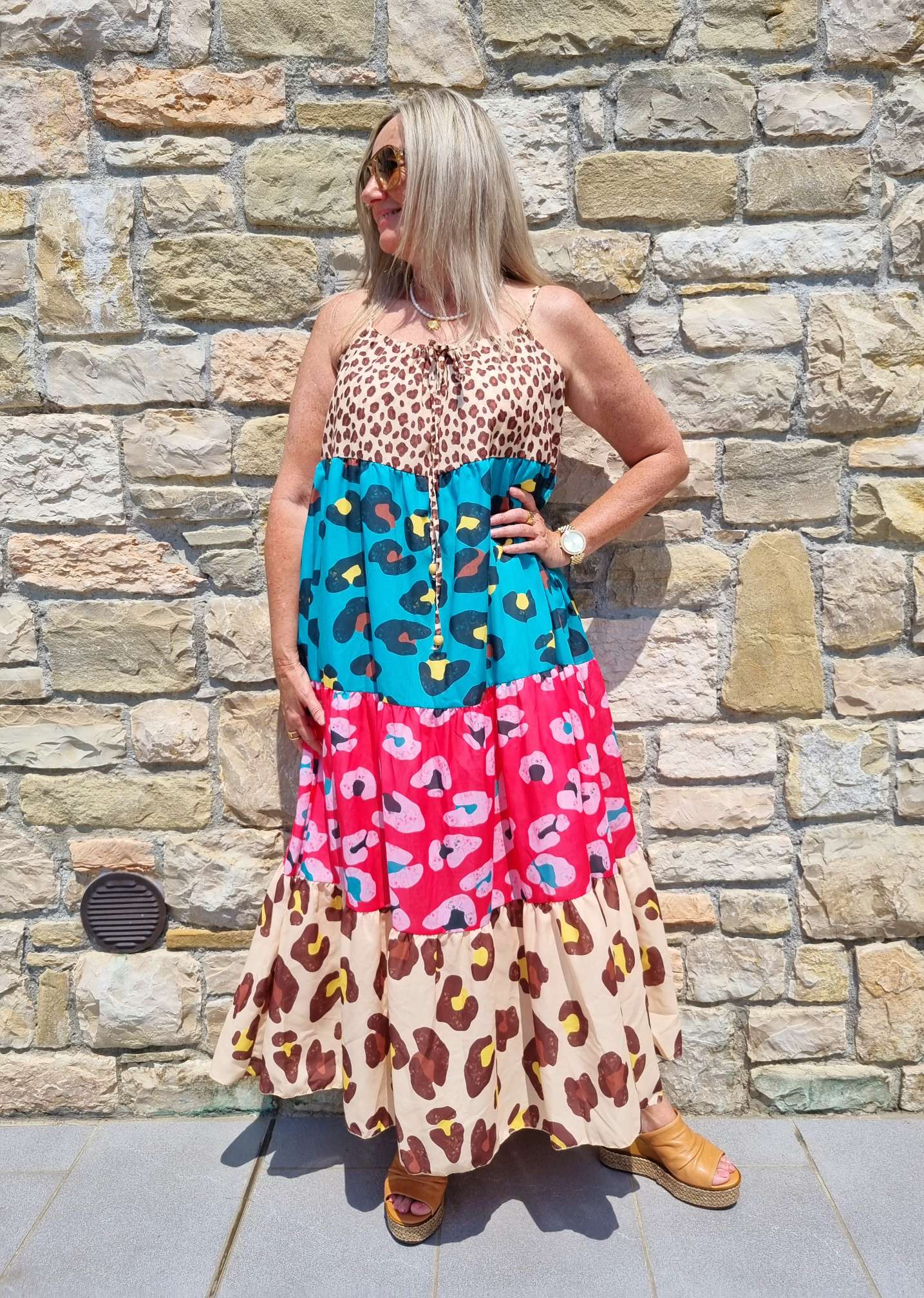 SPAGHETTI DRESS CHIETA LEO 36-42 Made in Italy Maxi Kleid Sommer Strandkleid Leopard BEIGE TÜRKIS PINK SPAGHETTI DRESS CHIETA LEO 36-42 Made in Italy Maxi Kleid Sommer Strandkleid Leopard BEIGE TÜRKIS PINK