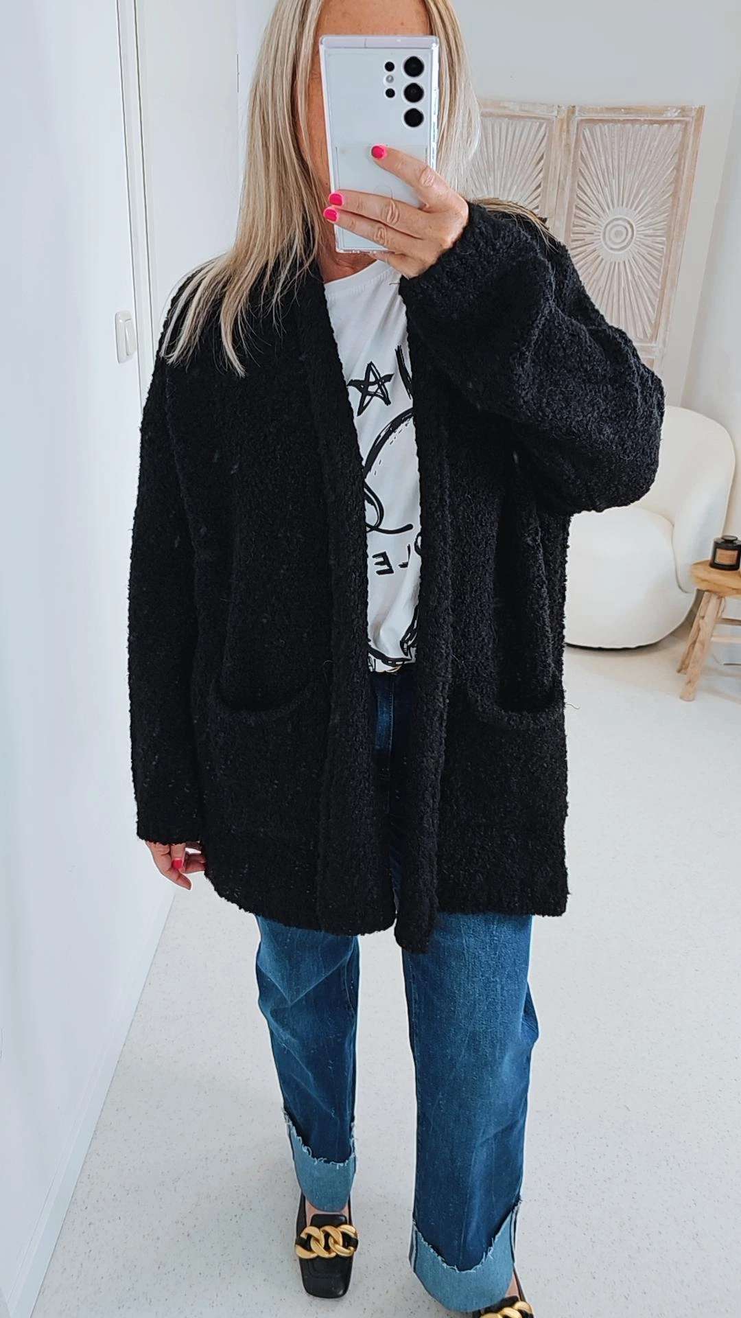 BOUCLE KNIT CARDIGAN MIRIAM SHORT 34-42 Made in Italy kurze Strick Jacke Oversize BOUCLE KNIT CARDIGAN MIRIAM SHORT 34-42 Made in Italy kurze Strick Jacke Oversize