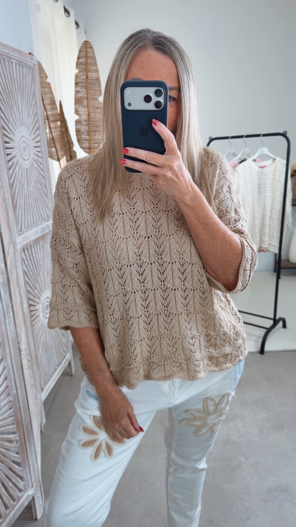 Strickshirt Lochmuster Fili Uni Made in Italy 34-42 Kurzarm Pullover