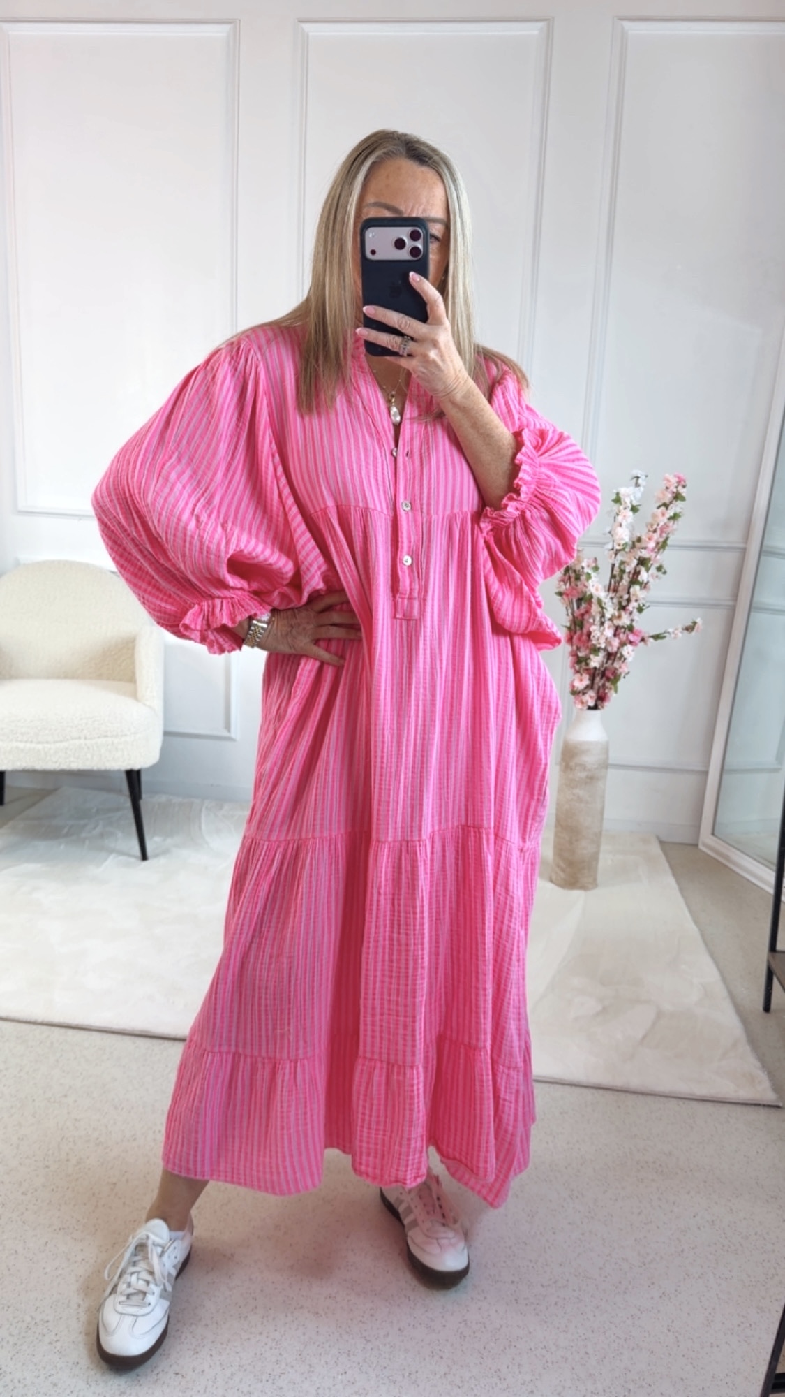 🌸💗MUSSELIN KLEID SERAVELLA STREIFEN Rosa Pink Made in Italy 34-44/46