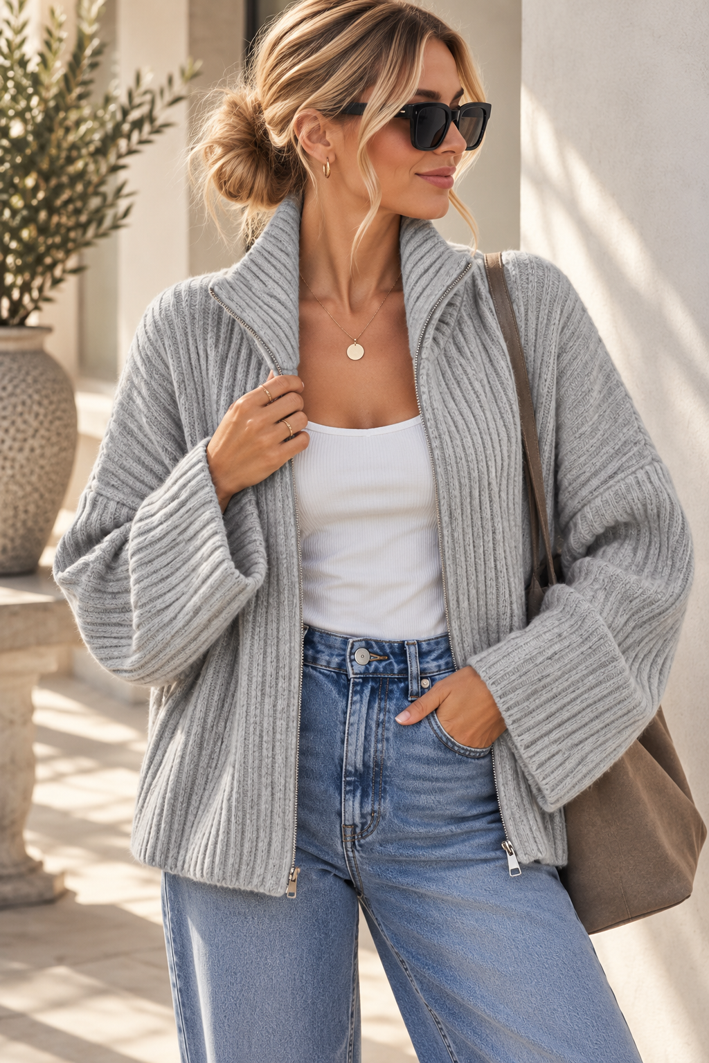 Uni Strickjacke mit Zwei-Wege-Zipper & breitem Rippkragen | SJ0103 | Made in Italy