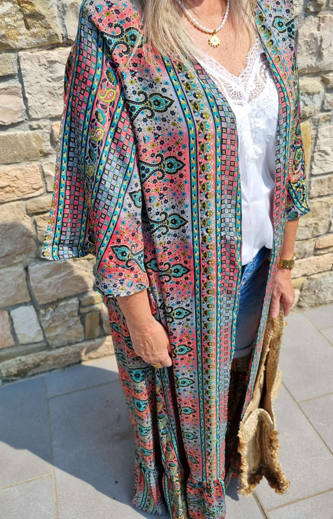 MAXI SILK KIMONO MALEDIVE MIT VOLANT PETROL Seide Jacke Mantel Beach Sommer 34-40 Kaftan MAXI SILK KIMONO MALEDIVE MIT VOLANT PETROL Seide Jacke Mantel Beach Sommer 34-40 Kaftan