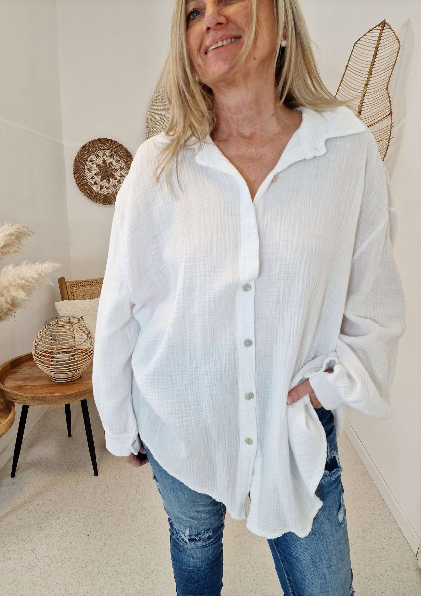 MUSSELIN OVERSIZE BLUSE KORFU WEISS 34-42 Made in Italy Longbluse Kleid Tunika Shirt Blusenjacke MUSSELIN OVERSIZE BLUSE KORFU WEISS 34-42 Made in Italy Longbluse Kleid Tunika Shirt Blusenjacke