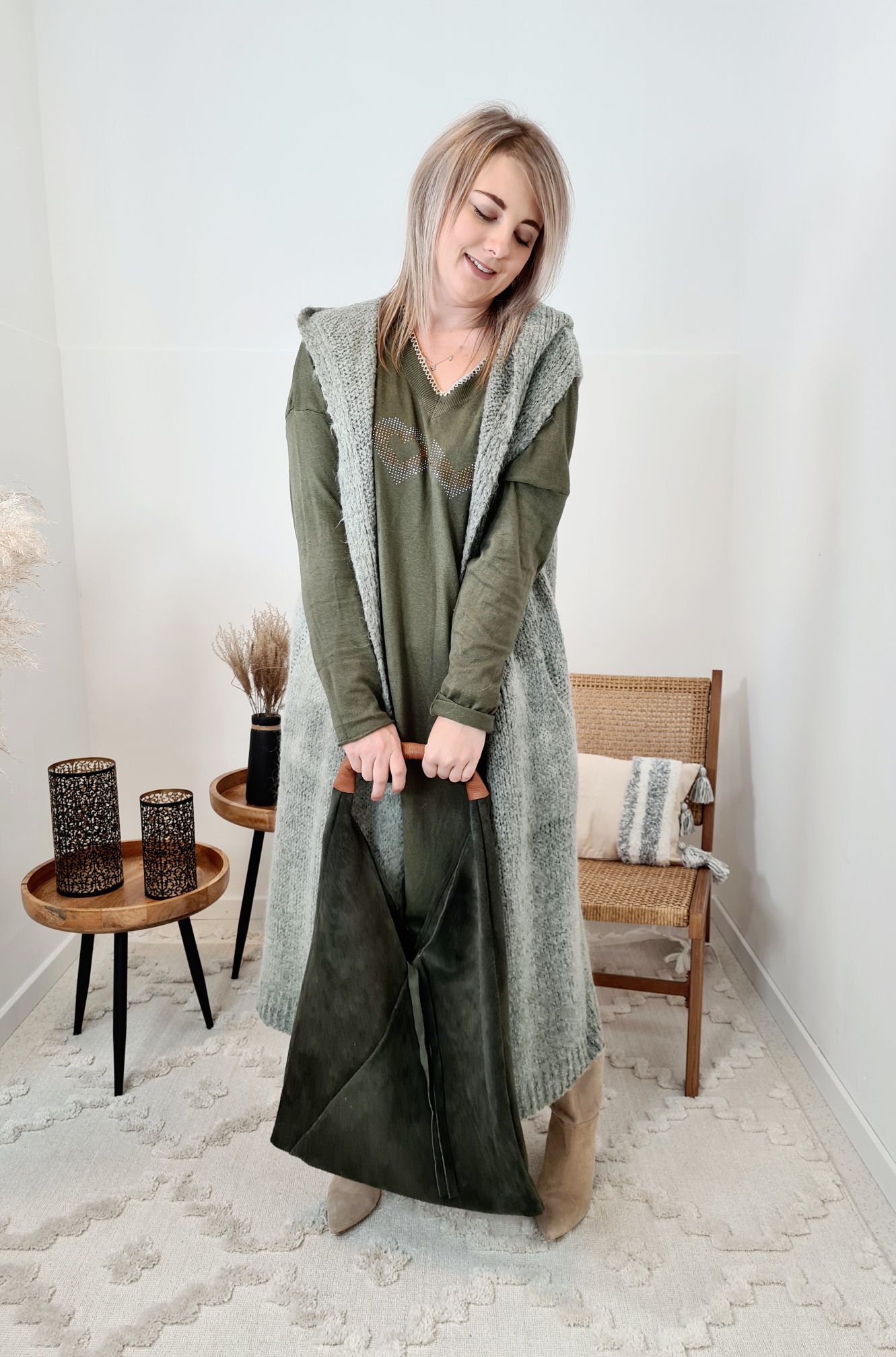 SWEATKLEID ZOEY LOVE KHAKI 34-42 Made in Italy Langarm Strickkleid Oversize SWEATKLEID ZOEY LOVE KHAKI 34-42 Made in Italy Langarm Strickkleid Oversize