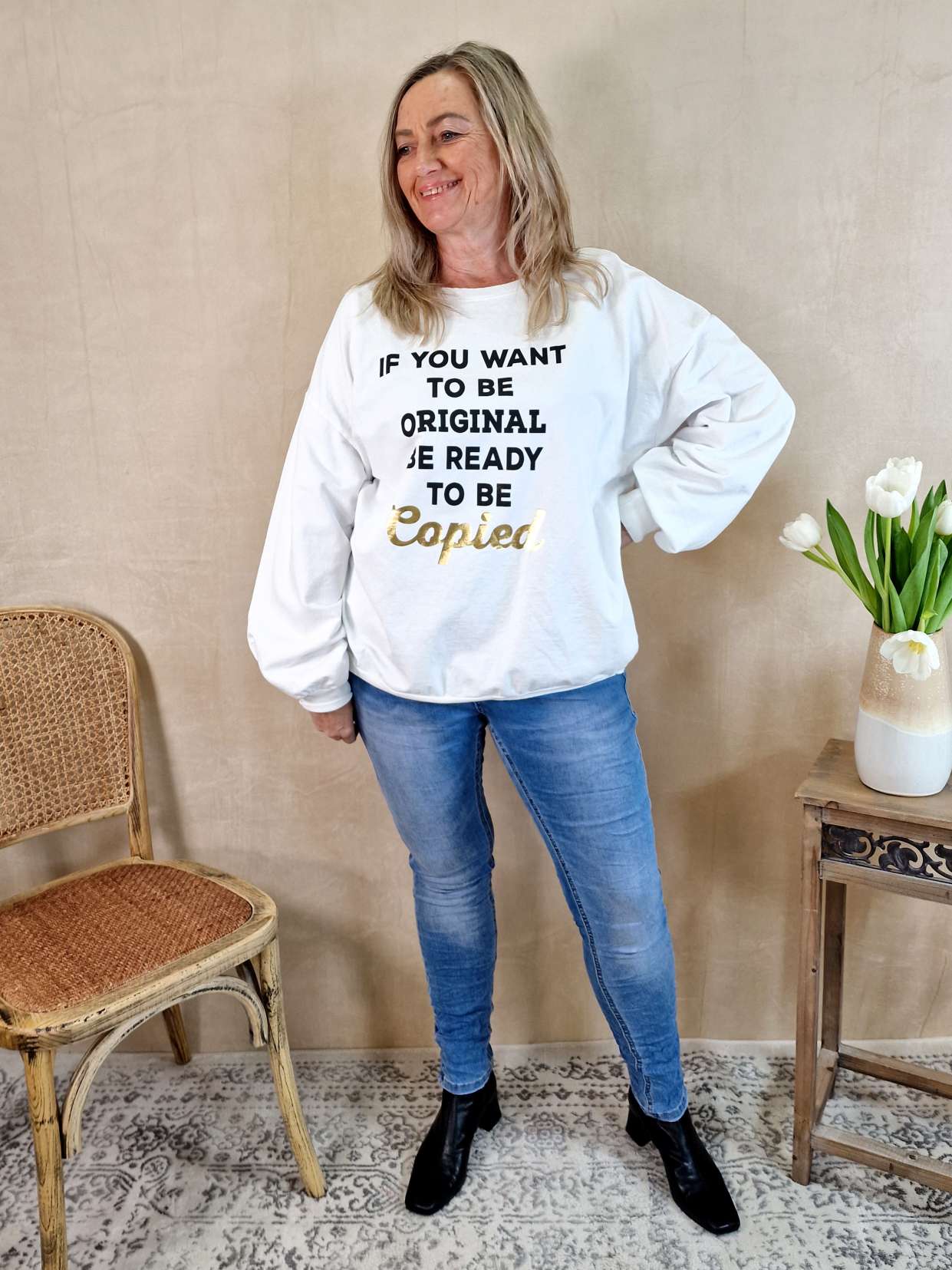 SWEATER COPIED WEISS Longsleeve Langarm Statement Shirt Made in Italy 34-42 verschiedene Farben SWEATER COPIED WEISS Longsleeve Langarm Statement Shirt Made in Italy 34-42 verschiedene Farben