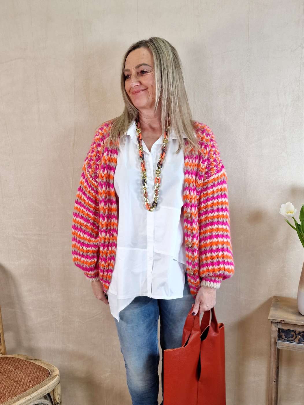 SHORT KNIT CARDIGAN DOMINO PINK ORANGE CREME kurze Strick Jacke Made in Italy 34-42 SHORT KNIT CARDIGAN DOMINO PINK ORANGE CREME kurze Strick Jacke Made in Italy 34-42