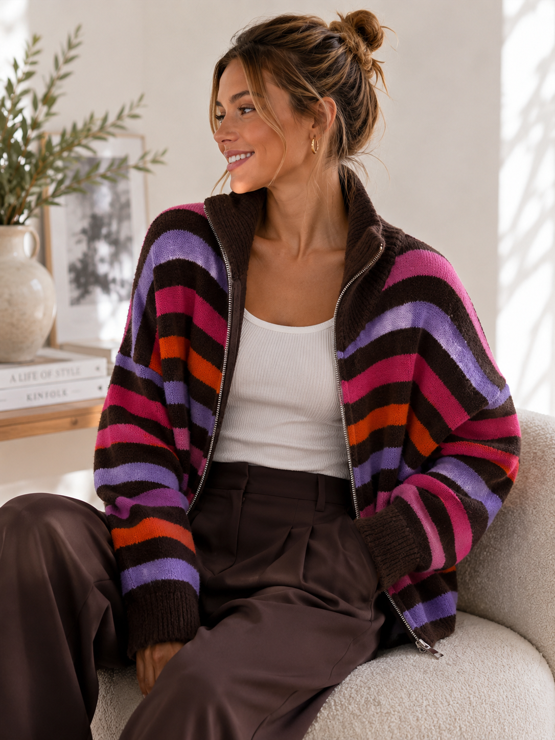 Strickjacke mit Streifen & Zwei-Wege-Reißverschluss Cardigan I NO.SJ0022 I Made in Italy 34-40/42