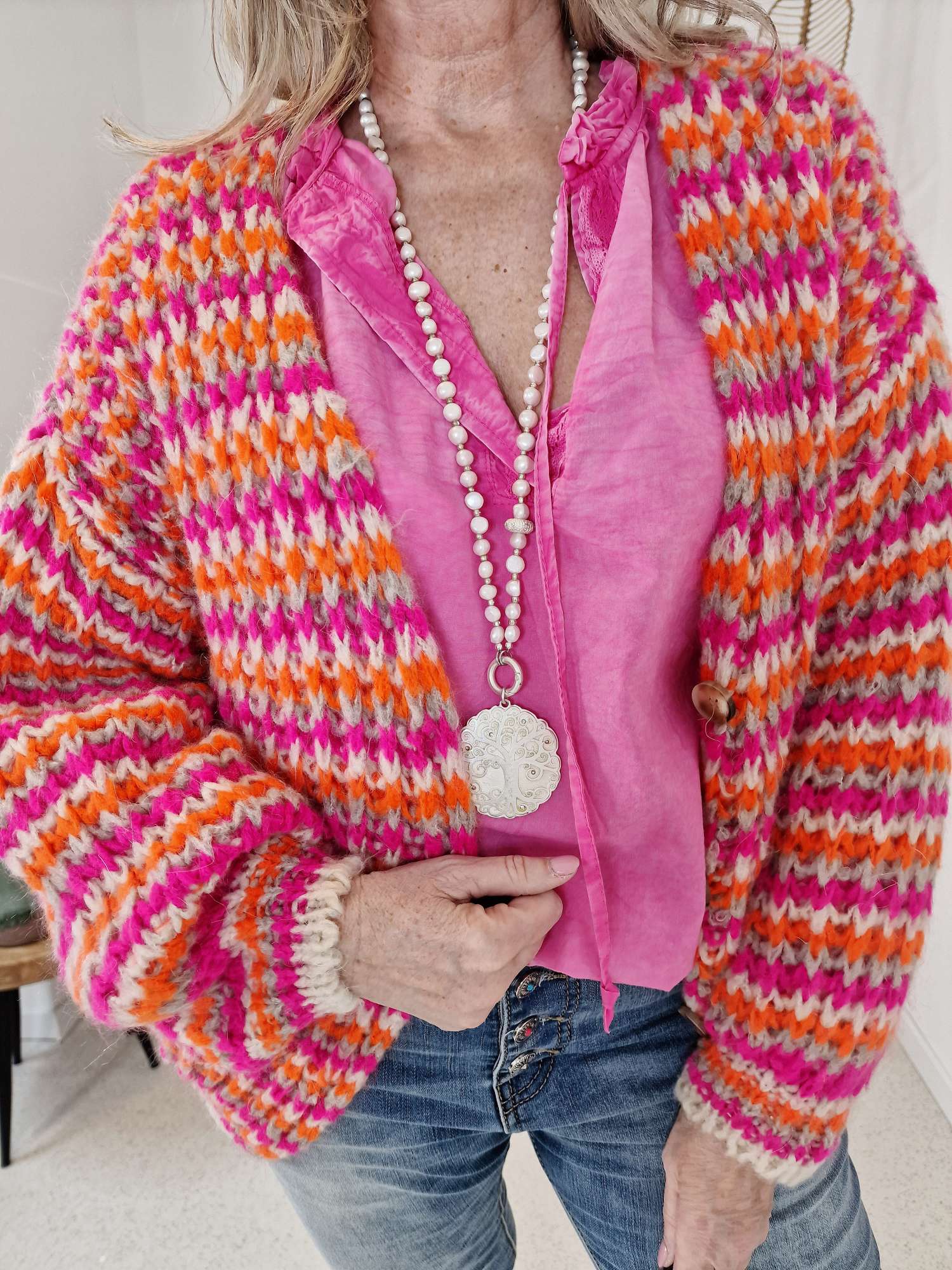 SHORT KNIT CARDIGAN  DOMINO PINK ORANGE CREME kurze Strick Jacke Made in Italy  34-42  