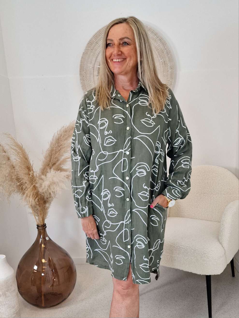 LEINEN  BLUSE BALU FACE KHAKI Hemd Oversize 34-42 Long Shirt  Blusenkleid Kleid