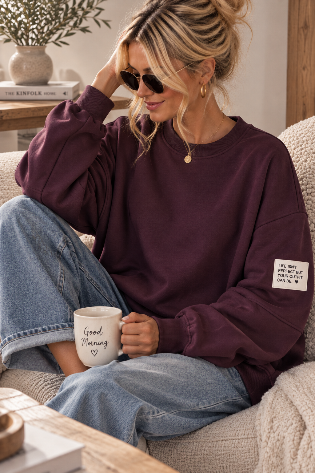 Butterstoff-Sweatshirt uni mit Statement-Patch – SW0094 Made in Italy Gr 34-42