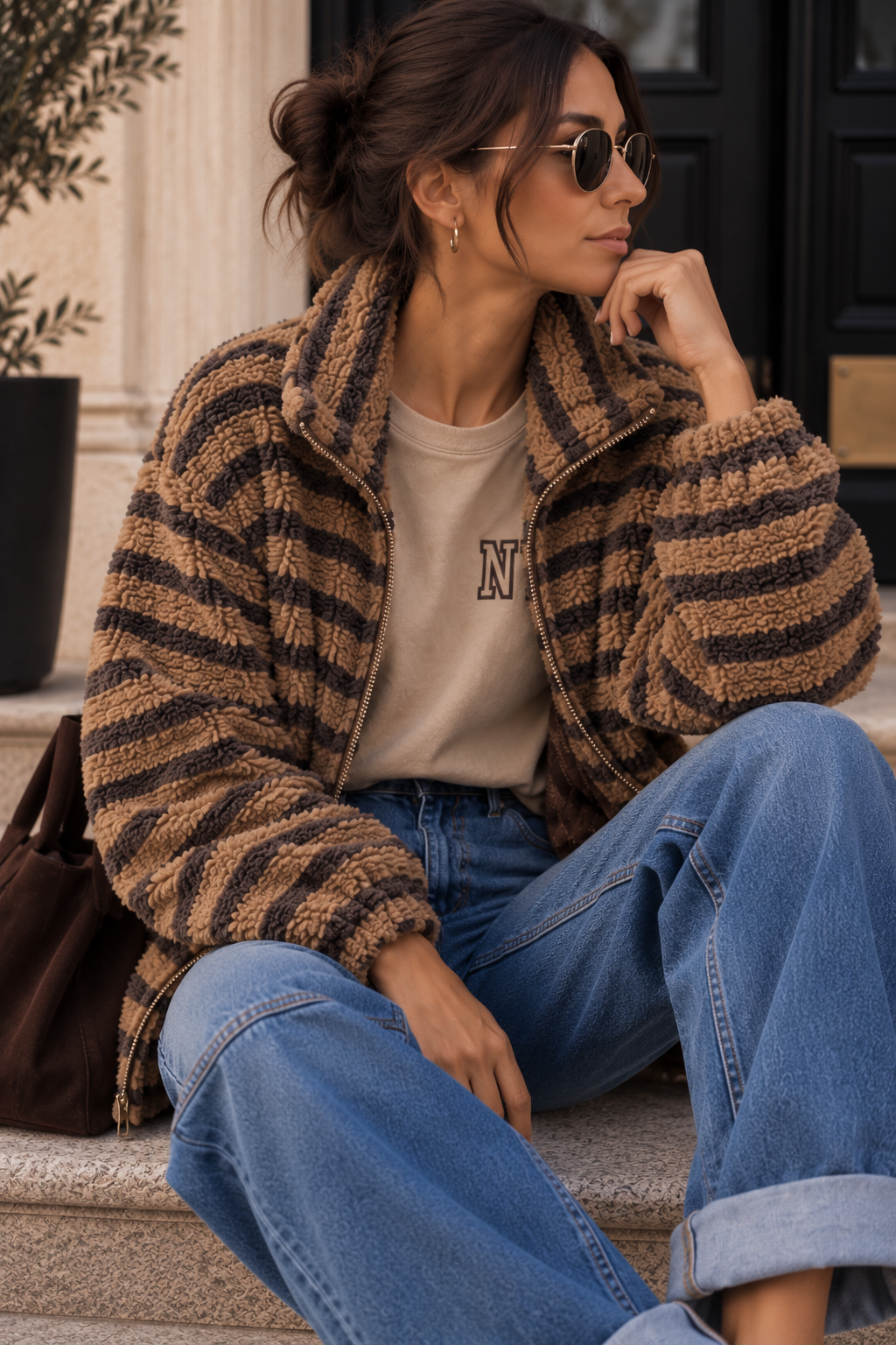 Kuschelige Teddyjacke mit Streifen I TJ0068 I Made in Italy 34-40/42
