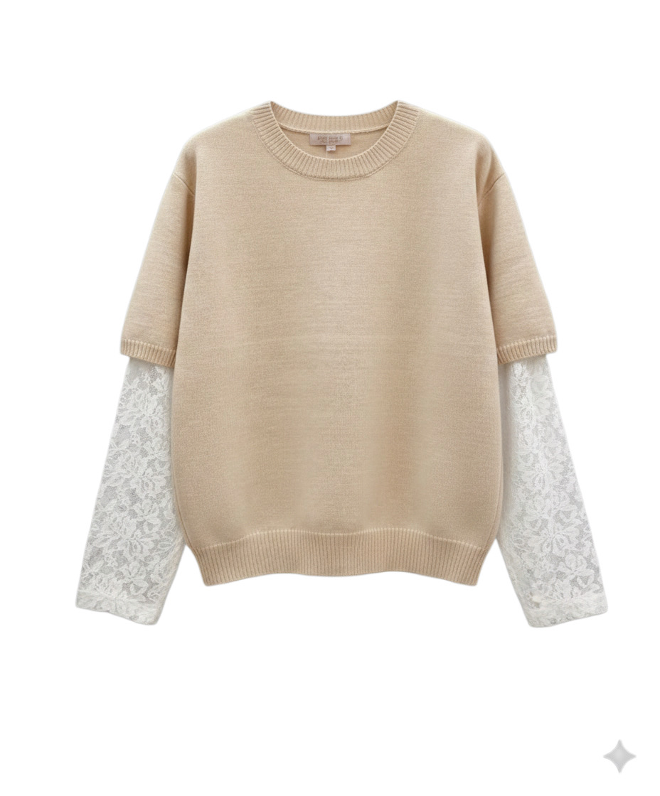 DAISY Lace Knit Pullover  mit Spitzenbluse in Taupe 34-40/42