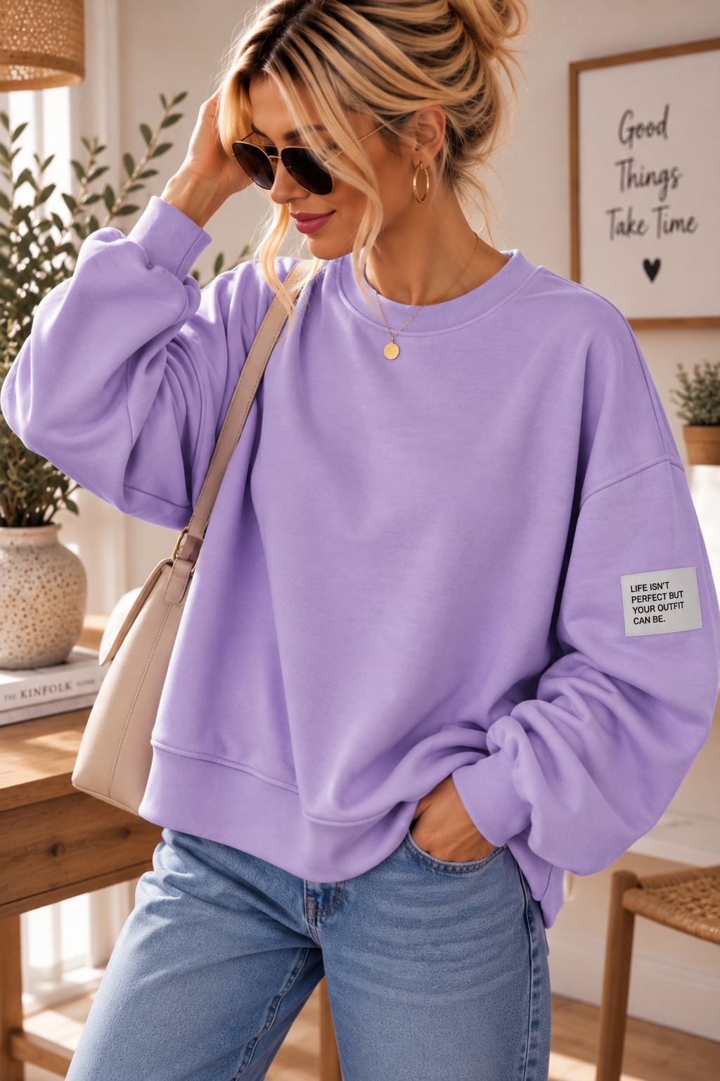 Butterstoff-Sweatshirt uni mit Statement-Patch – SW0094 Made in Italy Gr 34-42