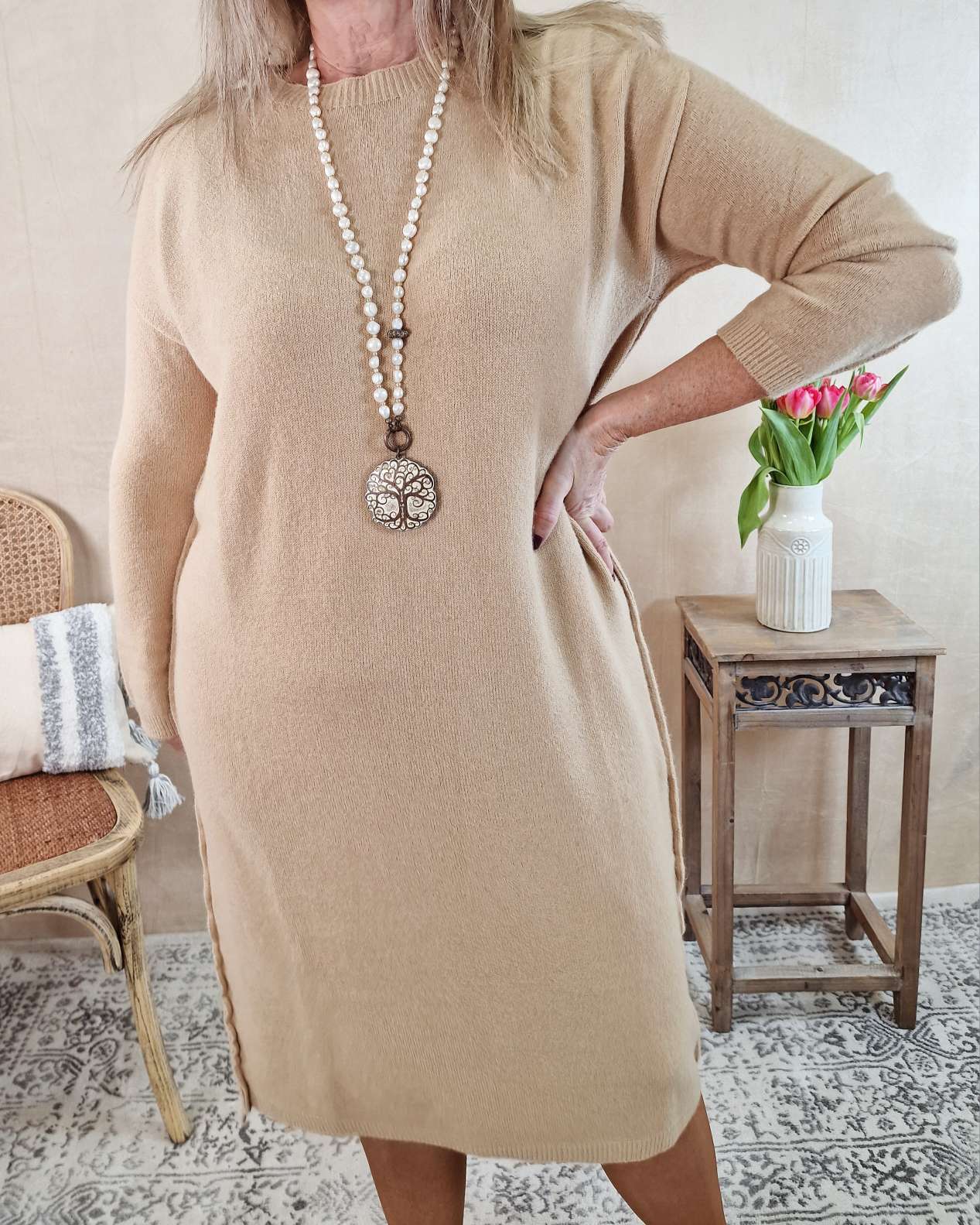 LONG KNIT DRESS RITA CAMEL 34-42 Made in Italy Strick Kleid Long Pullover Strickkleid