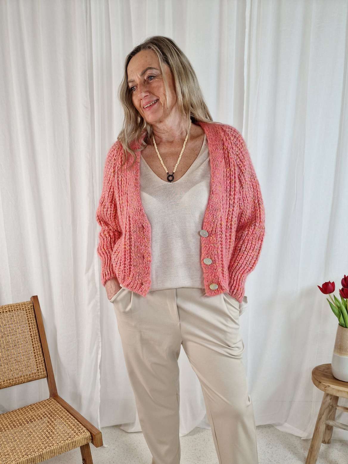 SHORT KNIT CARDIGAN INGA ROSA Koralle kurze Strick Jacke Made in Italy 34-42