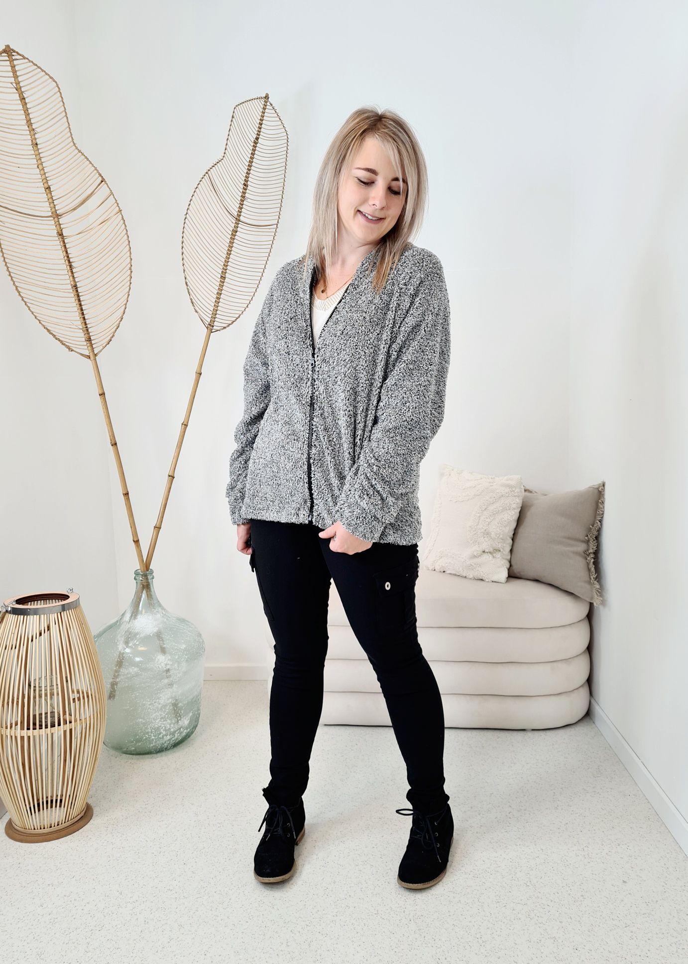TEDDY JACKE ANETTE GRAU MELIERT Sweater Made in Italy 34-42 Longsleeve Pullover versch. Farben