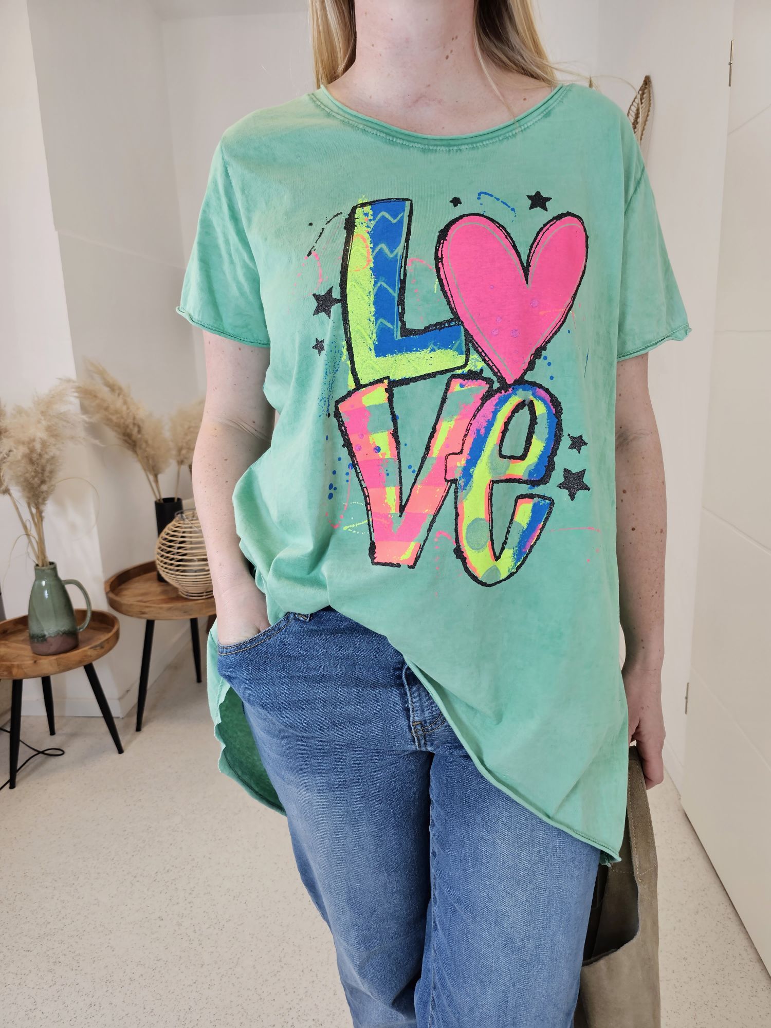 VOKUHILA T-SHIRT NEON LOVE GRÜN 34-42 Made in Italy Basic Kurzarm Shirt Oberteil OVERSIZE