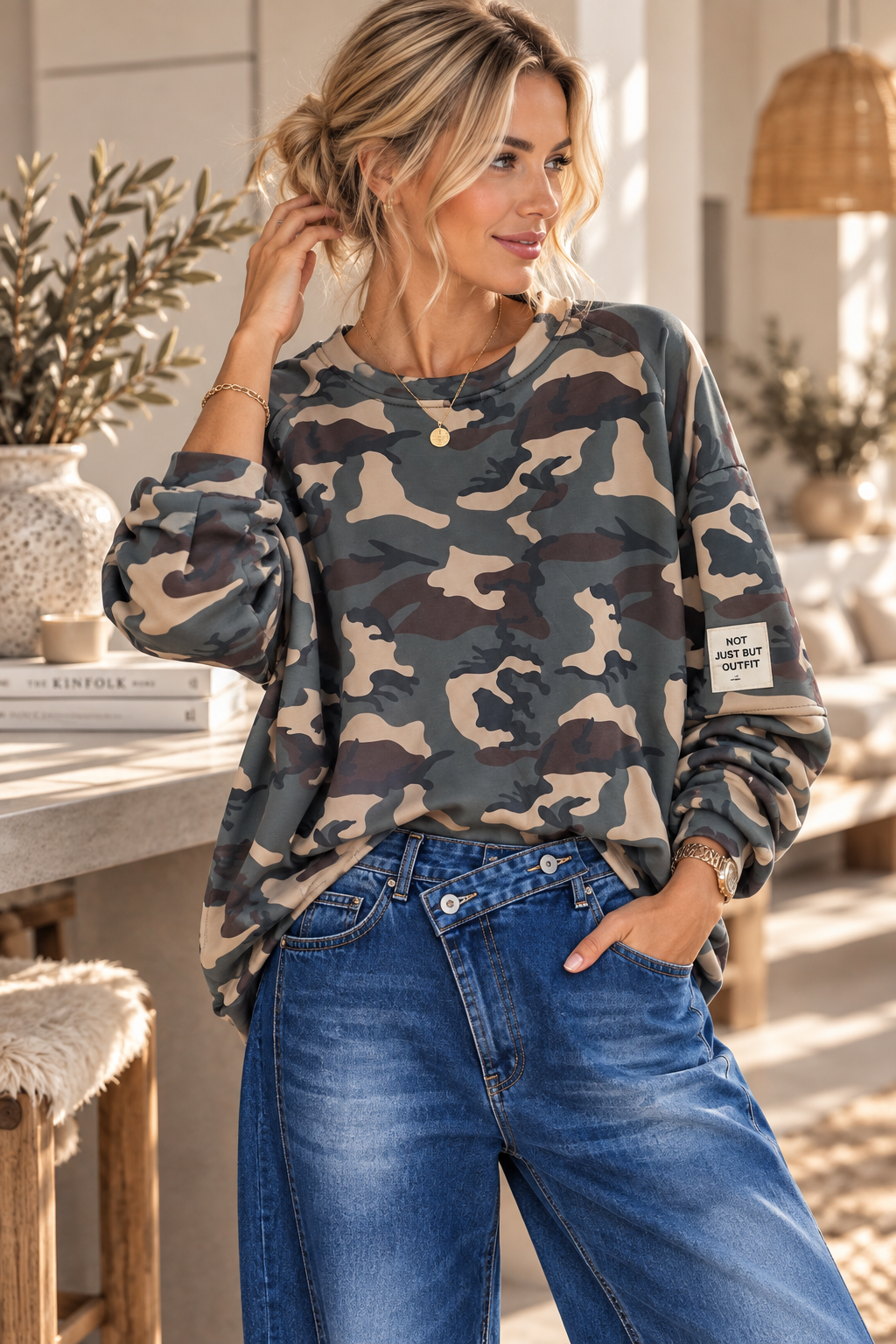 🤎 Camouflage Butterstoff Oversize Sweatshirt mit Statement-Patch | SW0100 | Made in Italy