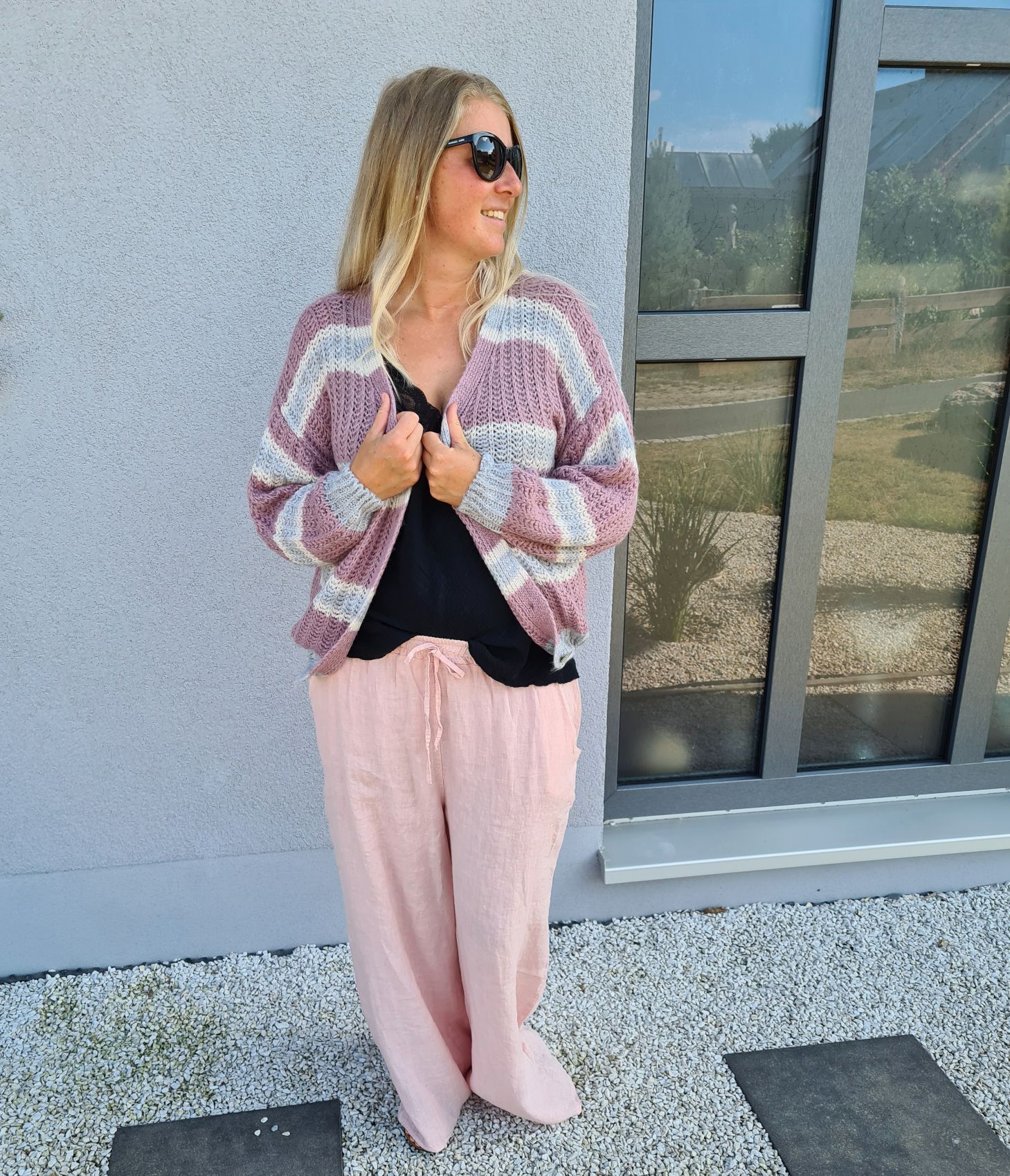 SHORT KNIT CARDIGAN MYKONOS STRIPES BUTTONS ROSA GRAU kurze Strick Jacke Made in Italy Knöpfe Streifen 34-42 SHORT KNIT CARDIGAN MYKONOS STRIPES BUTTONS ROSA GRAU kurze Strick Jacke Made in Italy Knöpfe Streifen 34-42