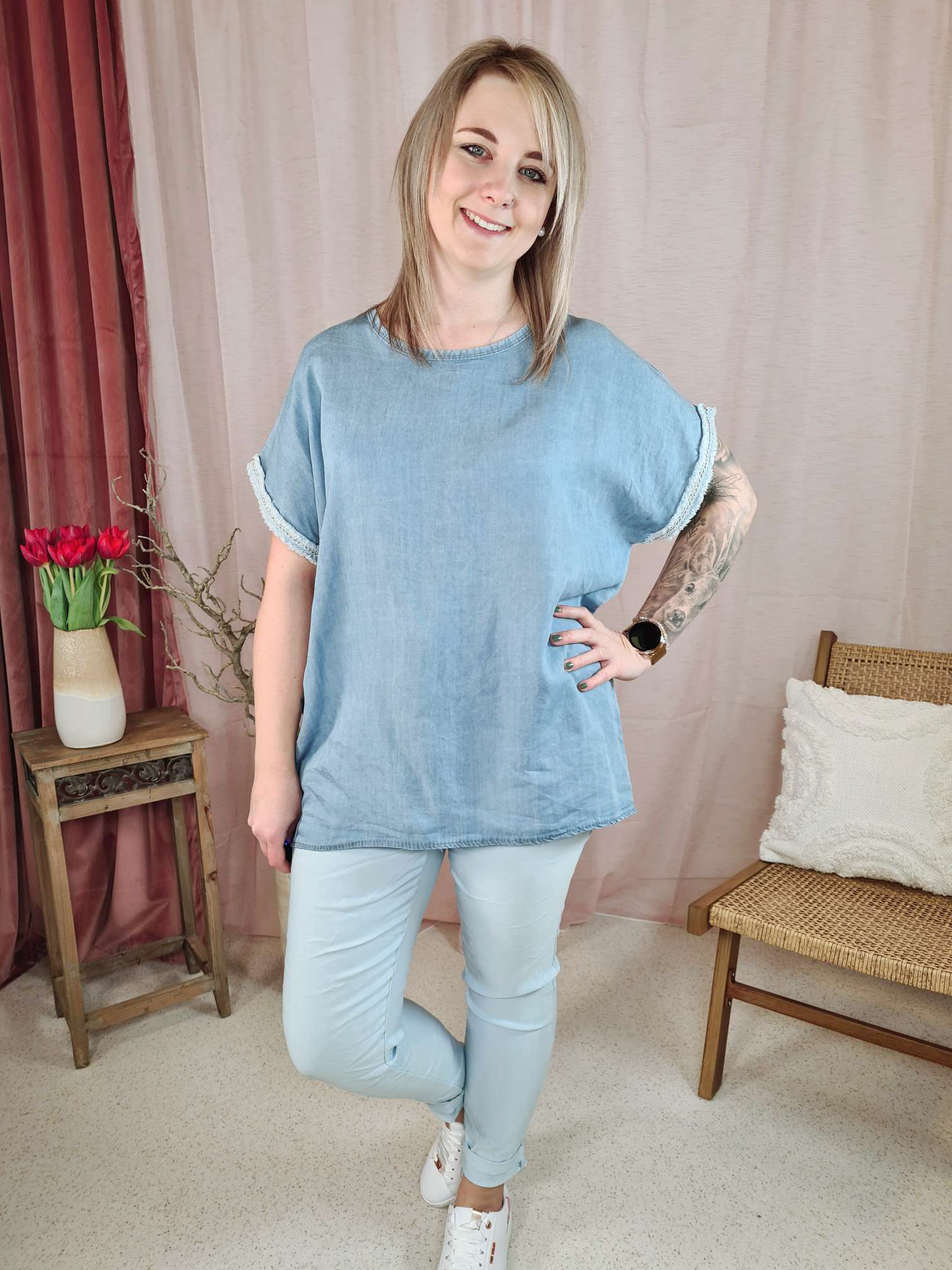 T-SHIRT DORIS DENIM LIGHT BLUE 34-42 Made in Italy Basic Shirt Jeans Oberteil