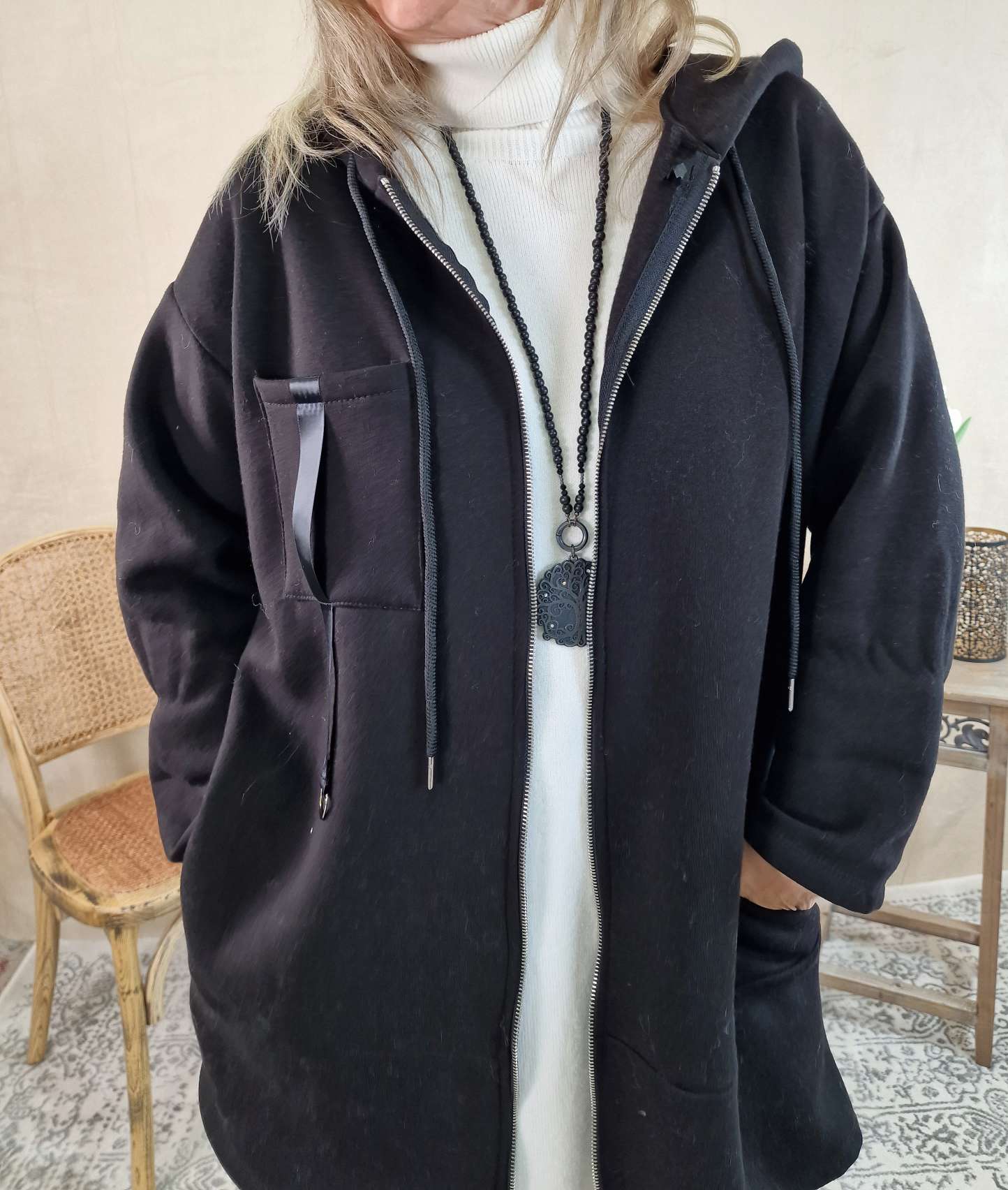 HOODIE SWEATER JACKE CARLO SCHWARZ 34-42 Made in Italy Oversize lange Sweatshirtjacke HOODIE SWEATER JACKE CARLO SCHWARZ 34-42 Made in Italy Oversize lange Sweatshirtjacke