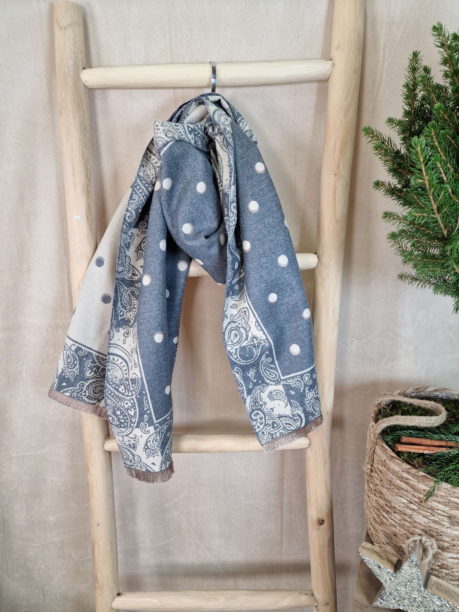 SCHAL SCARF DOTS & PAISLEY GRAU  Italy Design Halstuch  