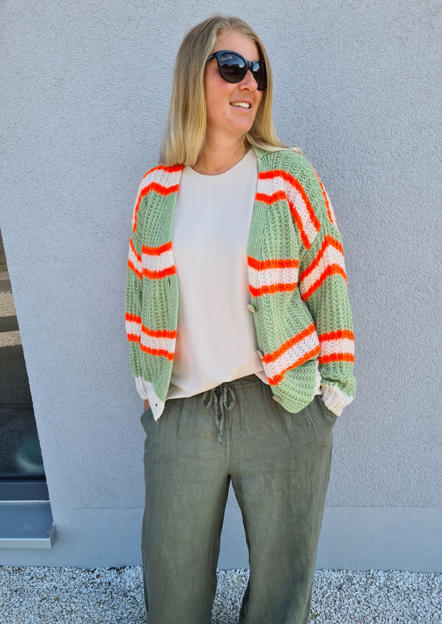 SHORT KNIT CARDIGAN MYKONOS STRIPES BUTTONS LIGHT GRÜN ORANGE CREME kurze Strick Jacke Made in Italy Streifen Knöpfe 34-42 SHORT KNIT CARDIGAN MYKONOS STRIPES BUTTONS LIGHT GRÜN ORANGE CREME kurze Strick Jacke Made in Italy Streifen Knöpfe 34-42